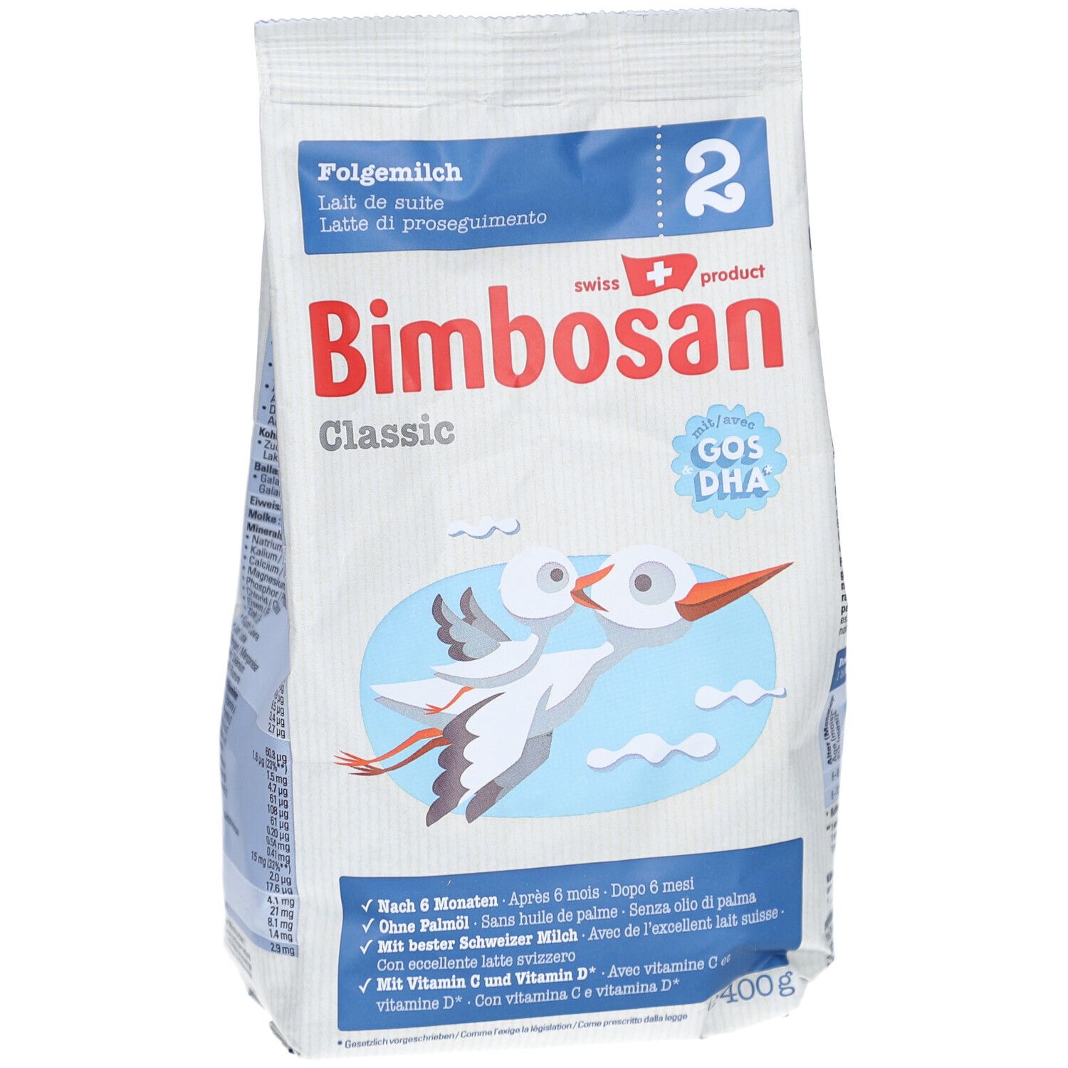 Bimbosan Classic Folgemilch 2 zak. Productnaam, logo, ooievaar illustratie, tekst. GOS DHA, Nieuw recept.