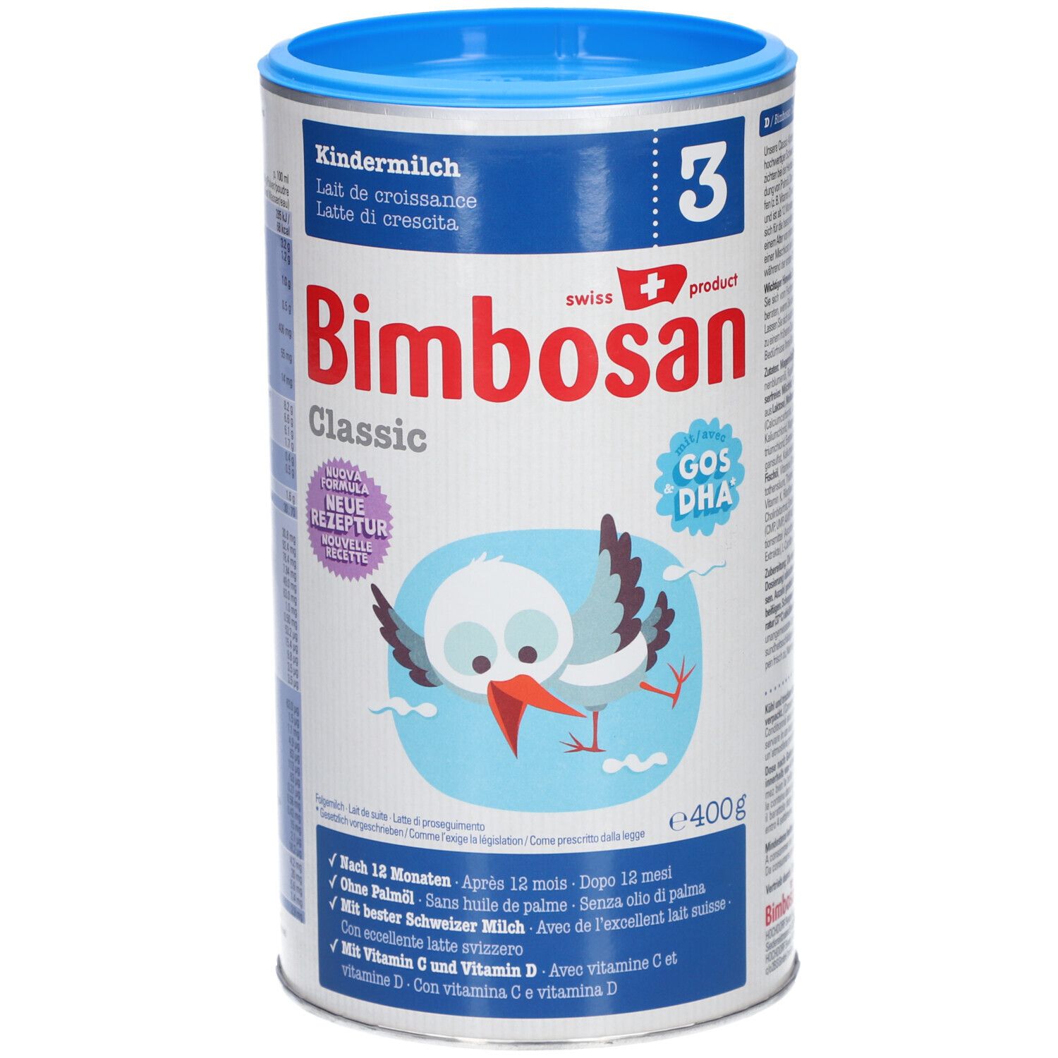 Boîte ronde de Bimbosan Classic Kindermilch 3. Emballage bleu et blanc avec illustration de cigogne et informations.