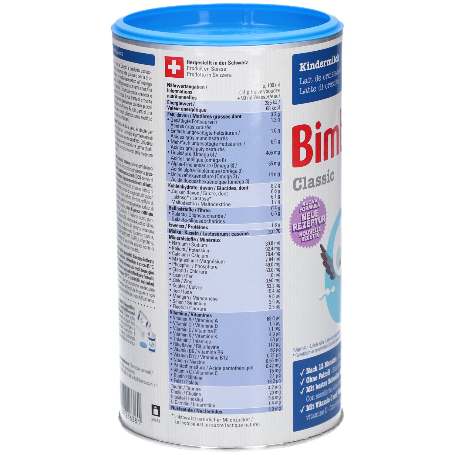 Boîte ronde Bimbosan Classic Kindermilch 3. Dos avec informations nutritionnelles et produit en plusieurs langues.