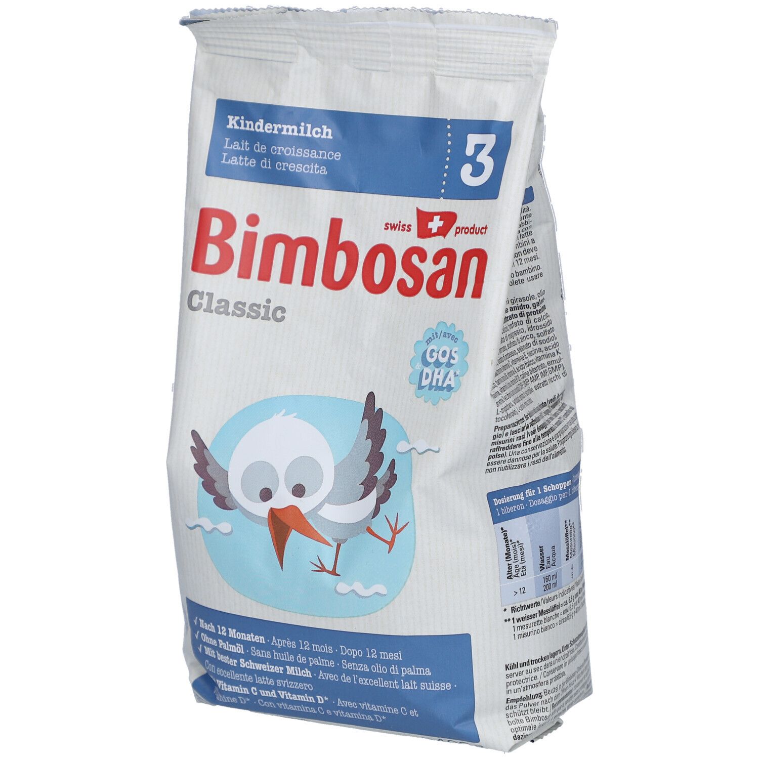 Paquet de Bimbosan Classic Kindermilch 3. Texte principal: Kindermilch, GOS/DHA, produit suisse. Illustration: Cigogne. Contenu: 400g.