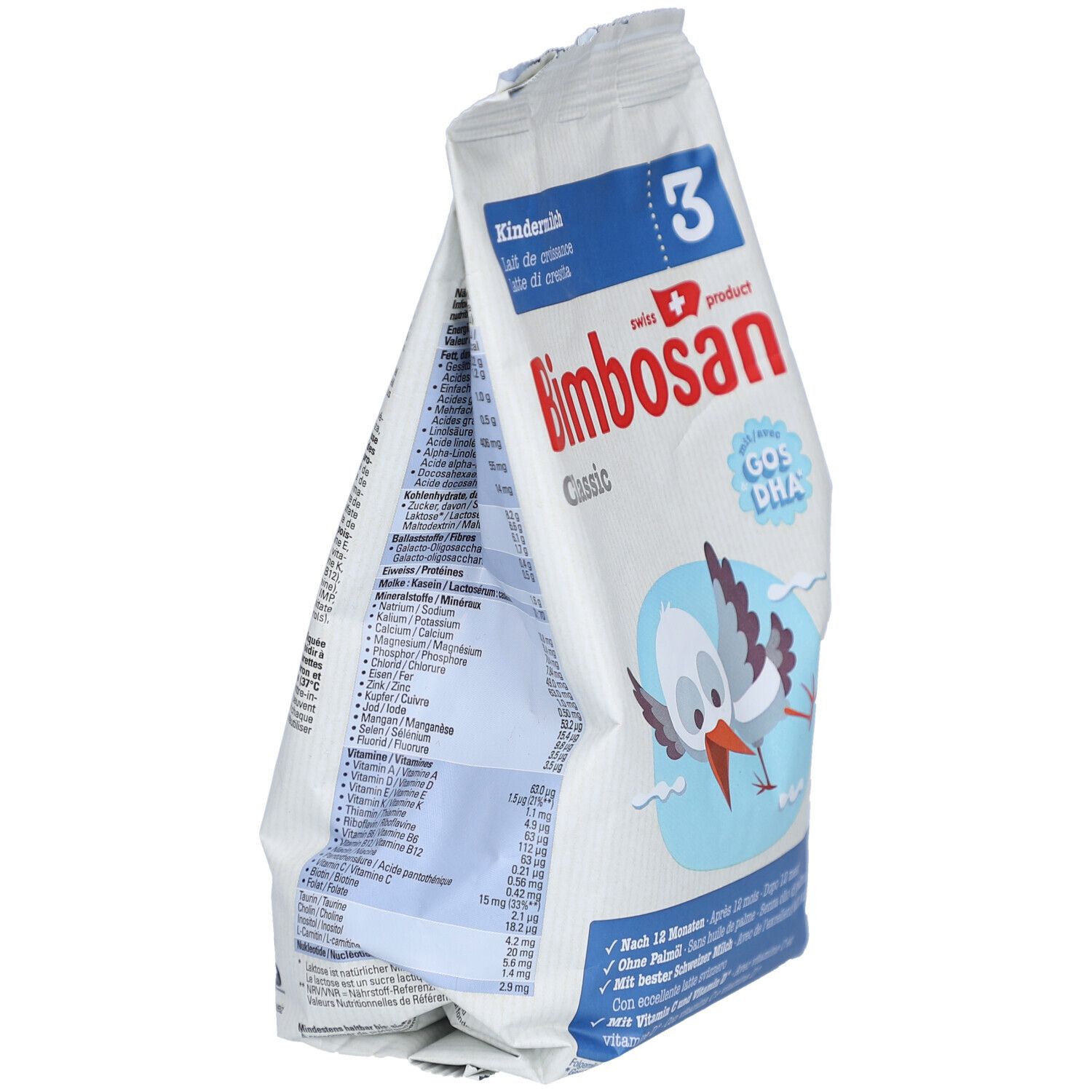 Vue latérale du paquet Bimbosan Classic Kindermilch 3. Texte: Kindermilch, GOS/DHA. Informations nutritionnelles et ingrédients. Produit suisse.