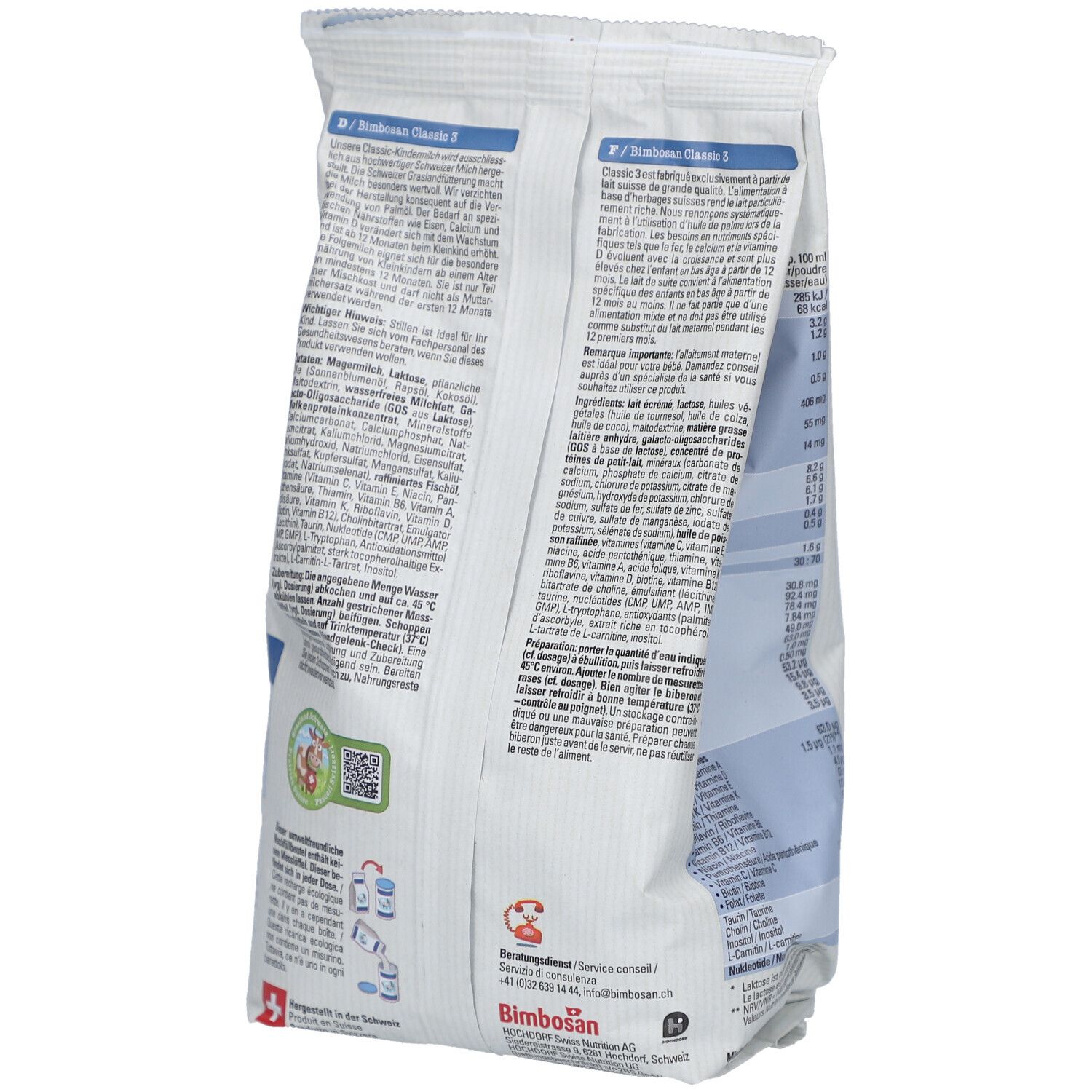 Dos du paquet Bimbosan Classic Kindermilch 3. Texte: Kindermilch, GOS/DHA. Ingrédients, informations nutritionnelles, instructions de préparation.