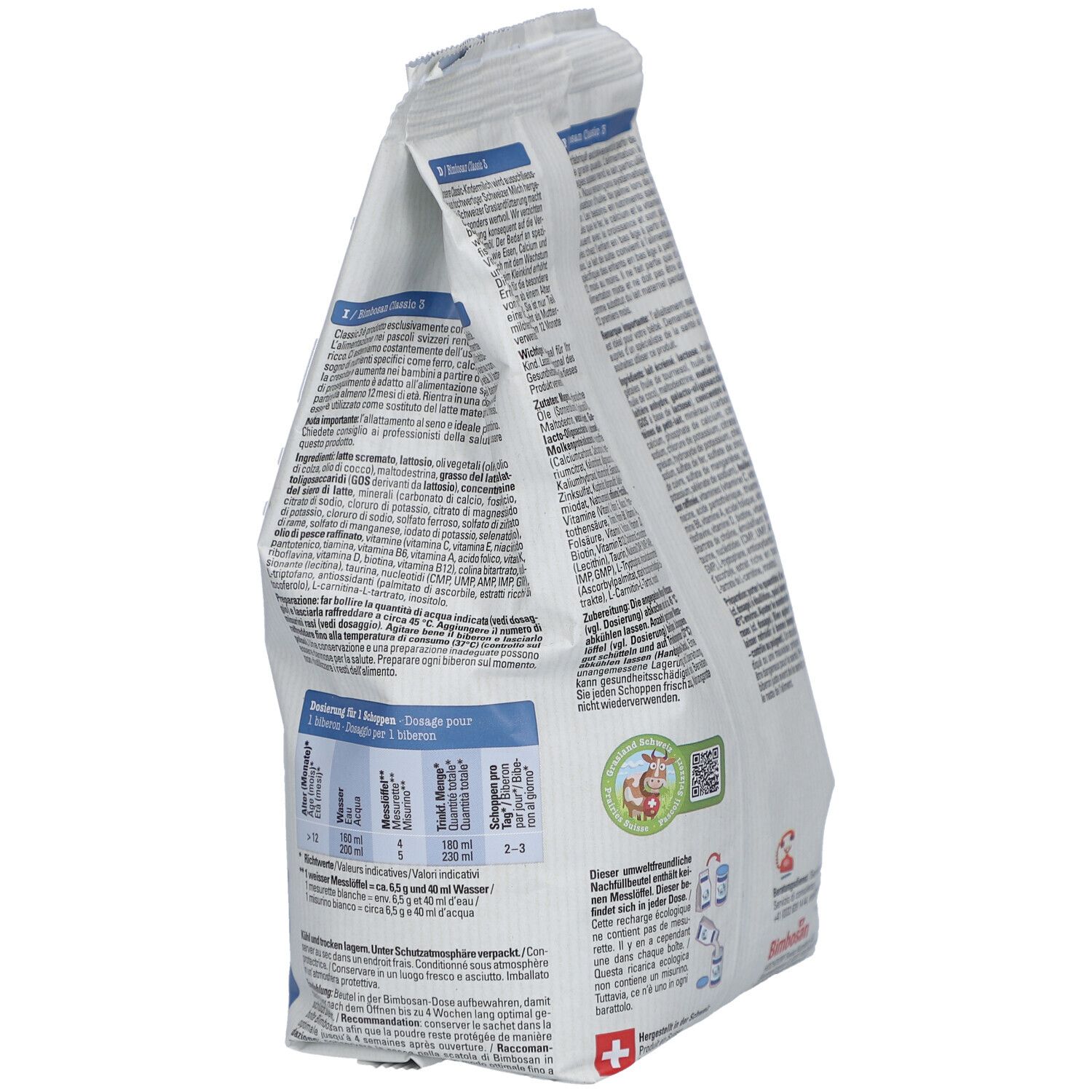 Vue latérale oblique du paquet Bimbosan Classic Kindermilch 3. Texte: Kindermilch, GOS/DHA. Instructions de préparation et informations nutritionnelles.