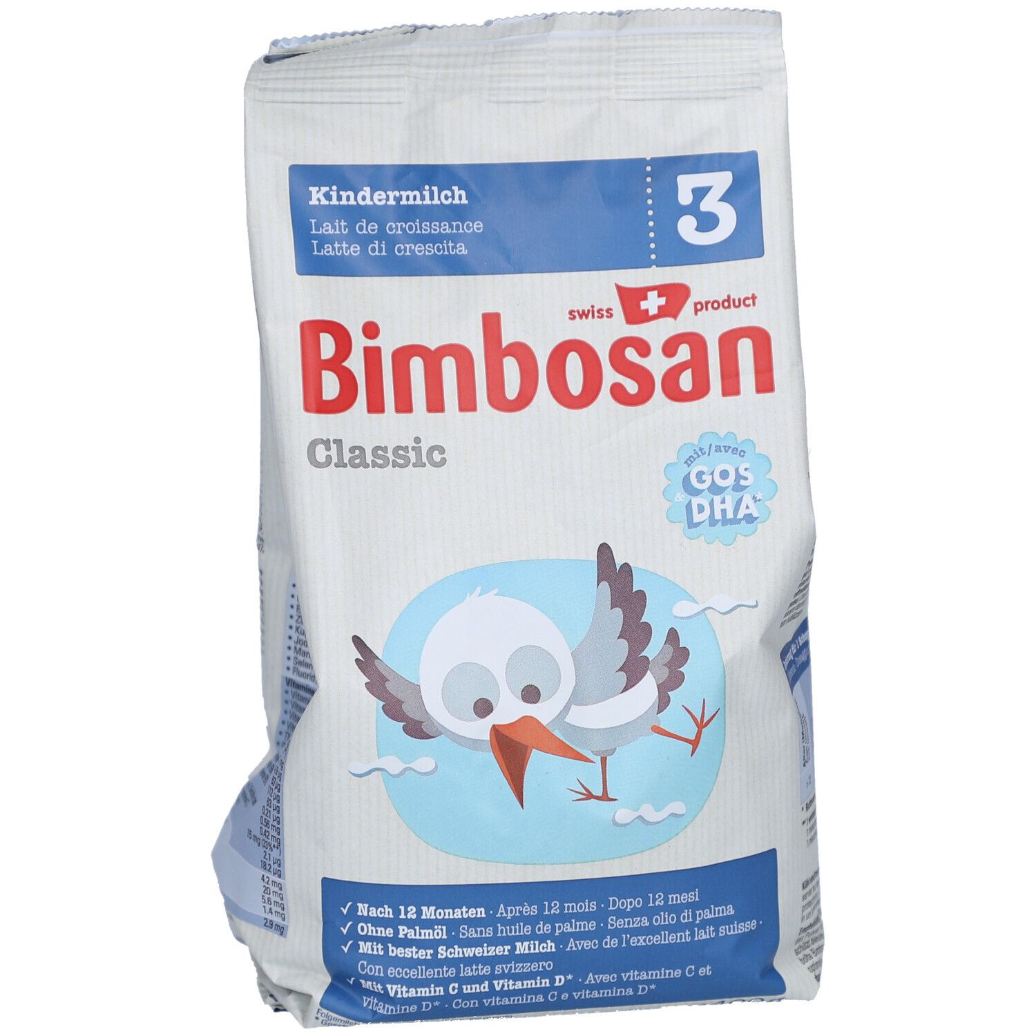 Paquet de Bimbosan Classic Kindermilch 3. Texte principal: Kindermilch, GOS/DHA, produit suisse. Illustration: Cigogne. Contenu: 400g.