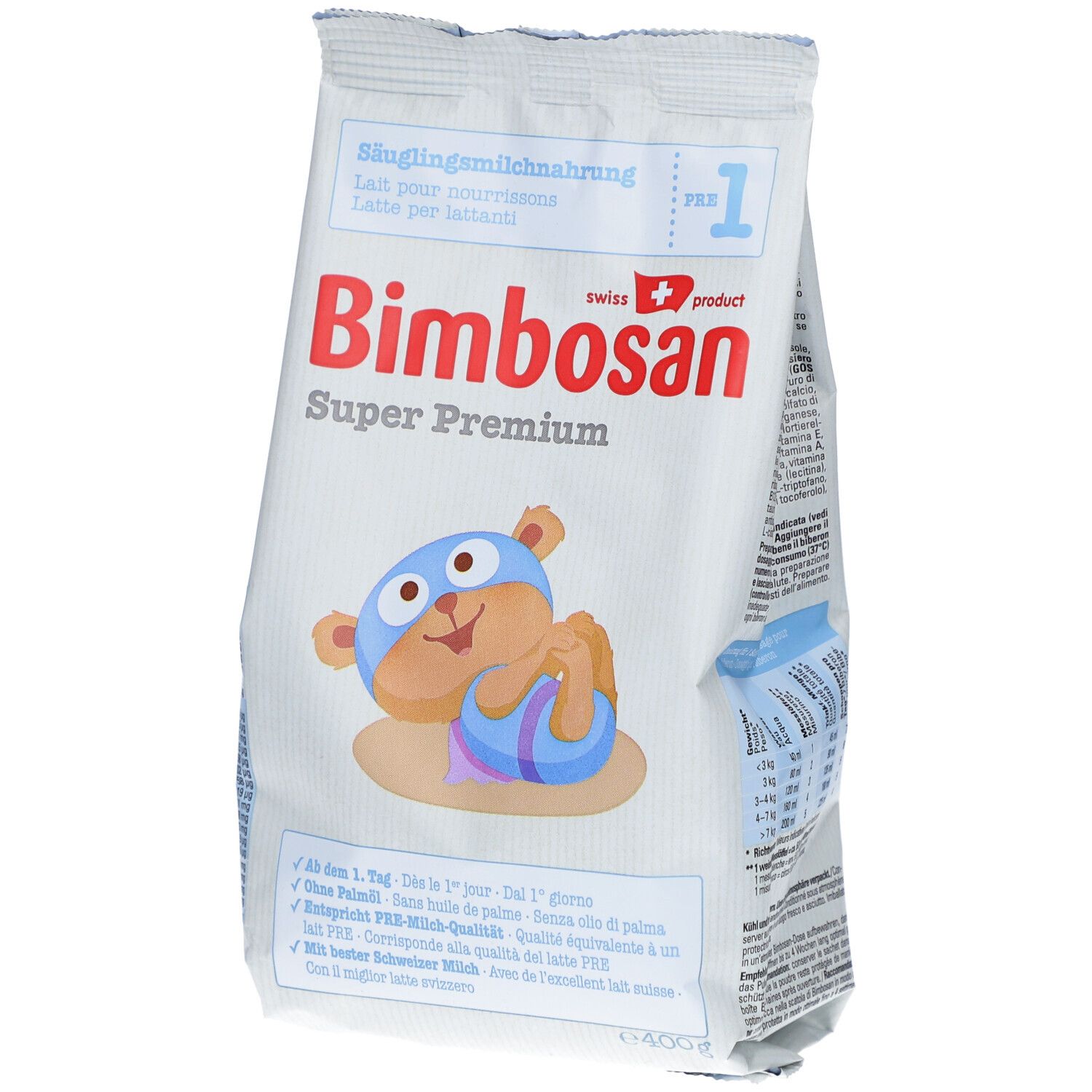 Sachet blanc imprimé. Bimbosan Super Premium 1 lait infantile. Illustration d'un ours. 400g. Texte en allemand, français, italien.