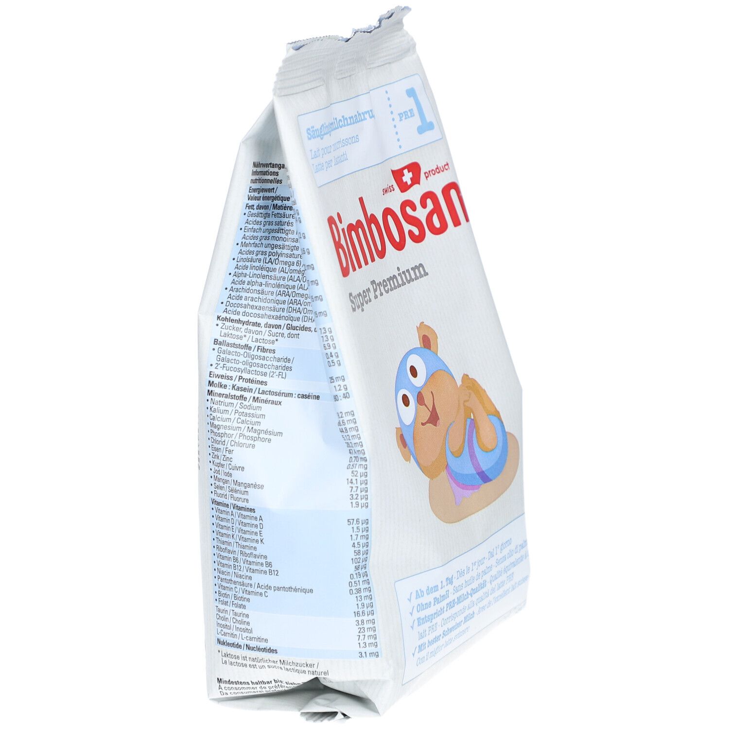 Sac de Bimbosan Super Premium 1. Vue latérale. Texte avec informations nutritionnelles. Illustration d'un ours. Texte en allemand, français, italien.