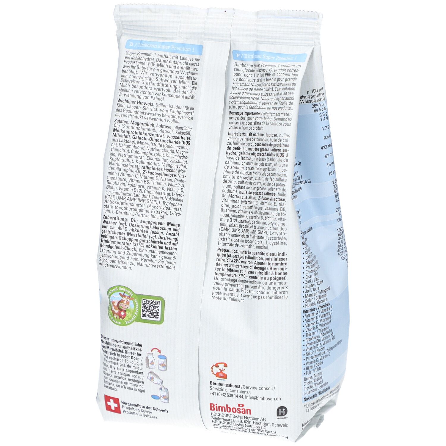 Dos du sachet de Bimbosan Super Premium 1. Texte en allemand, français, italien. Illustration de biberons. Produit suisse.