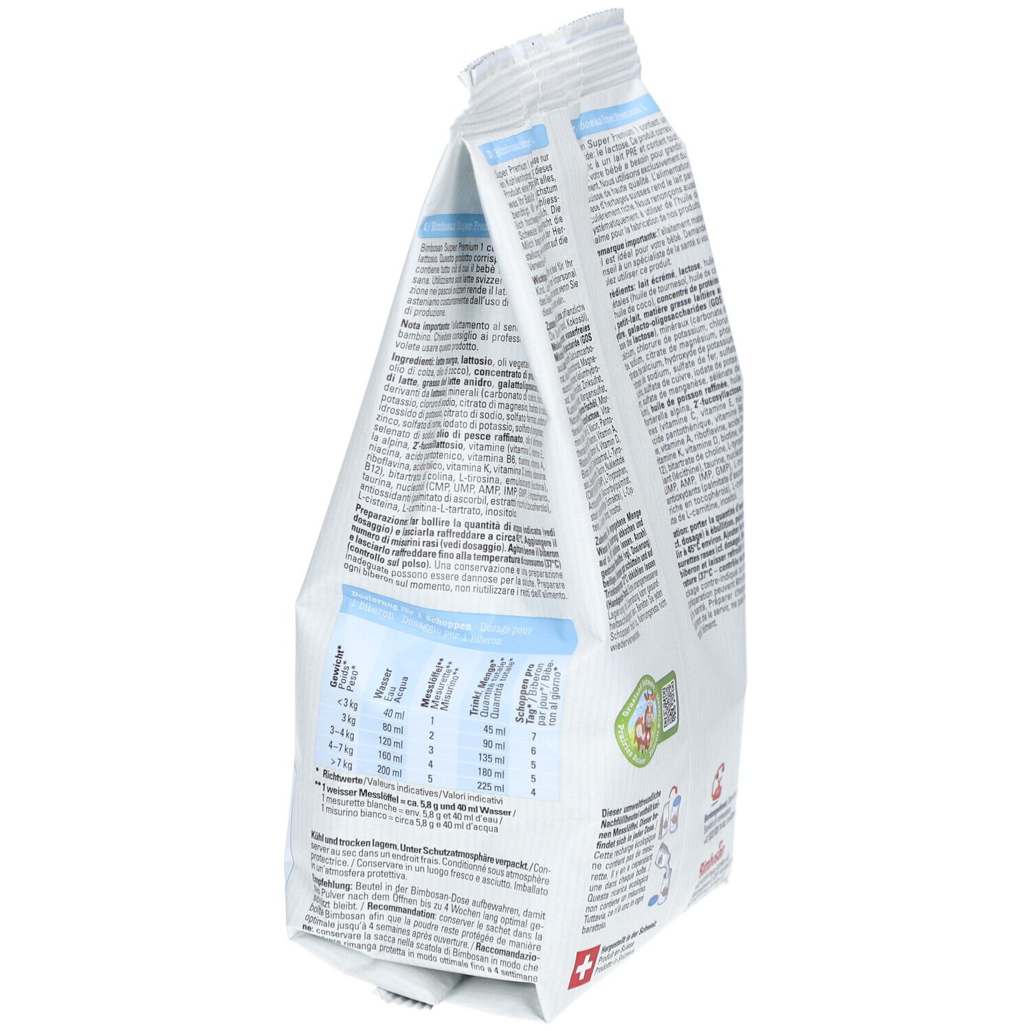 Vue latérale du sachet de Bimbosan Super Premium 1. Texte en allemand, français, italien. Indications de dosage.