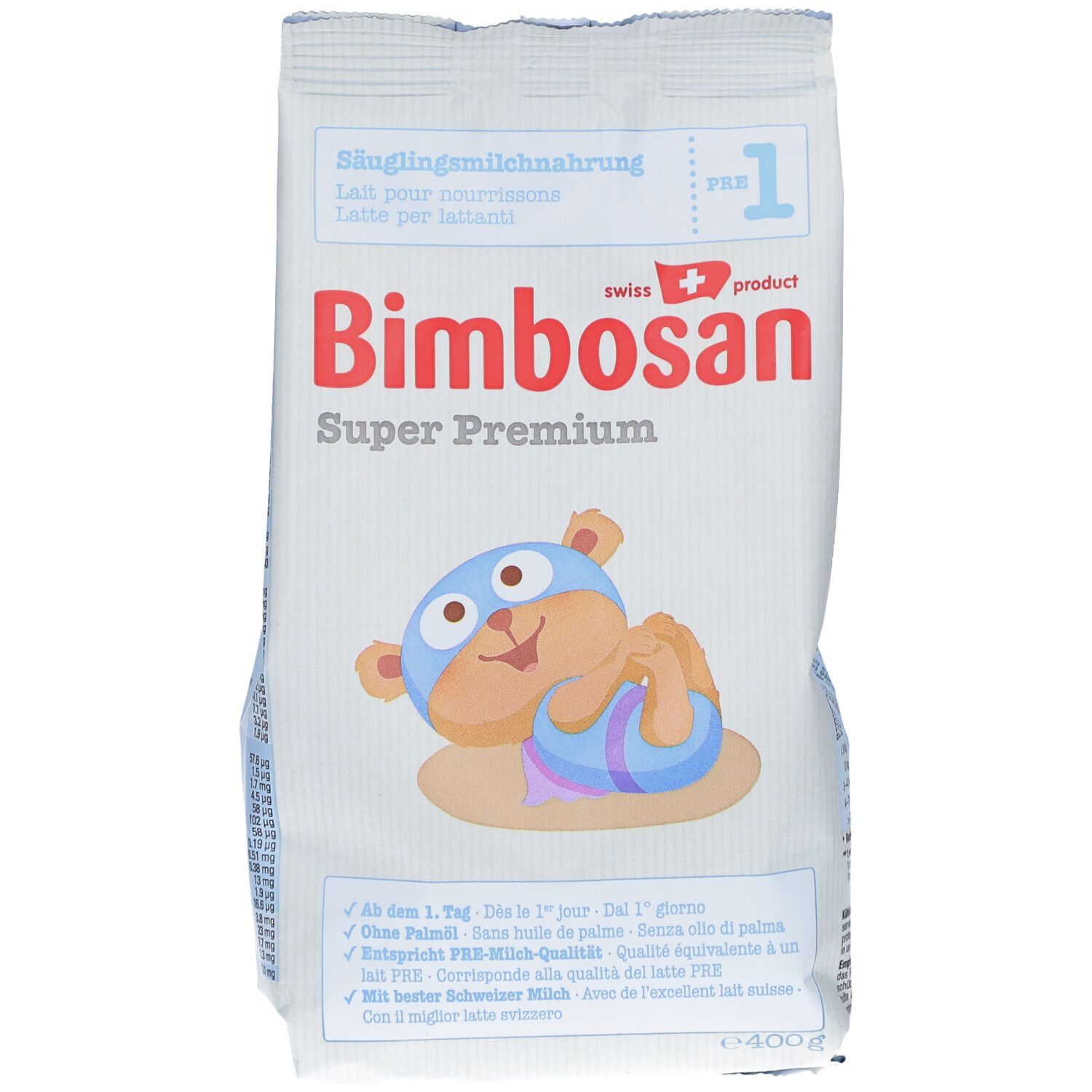 Sachet blanc imprimé. Bimbosan Super Premium 1 lait infantile. Illustration d'un ours. 400g. Texte en allemand, français, italien.