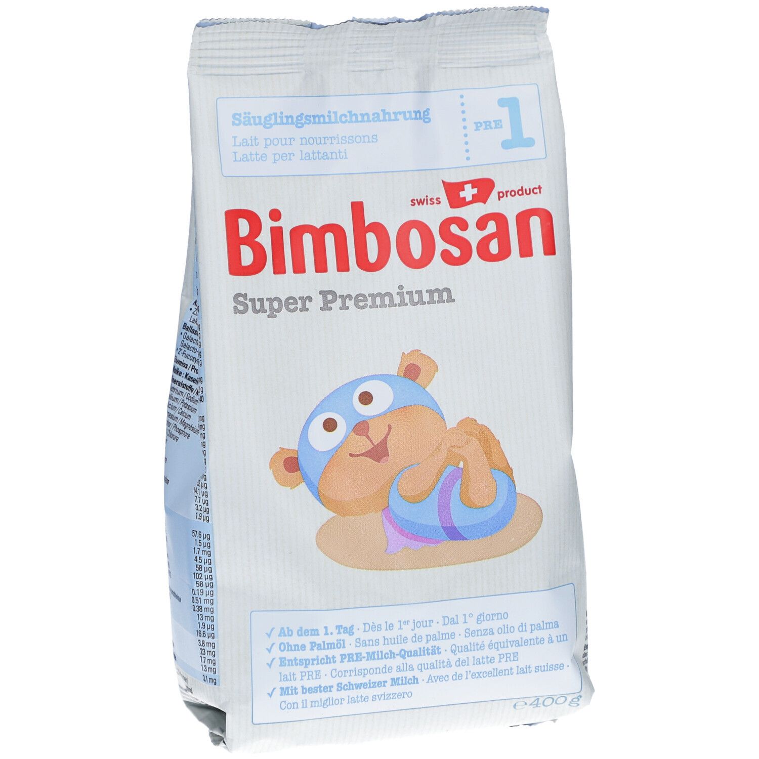 Sachet blanc imprimé. Bimbosan Super Premium 1 lait infantile. Illustration d'un ours. 400g. Texte en allemand, français, italien.
