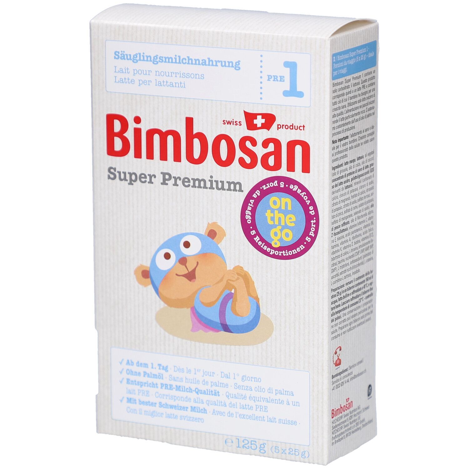 Witte kartonnen verpakking met "Bimbosan Super Premium"-logo. Bevat zuigelingenmelk. Afbeelding van een baby.