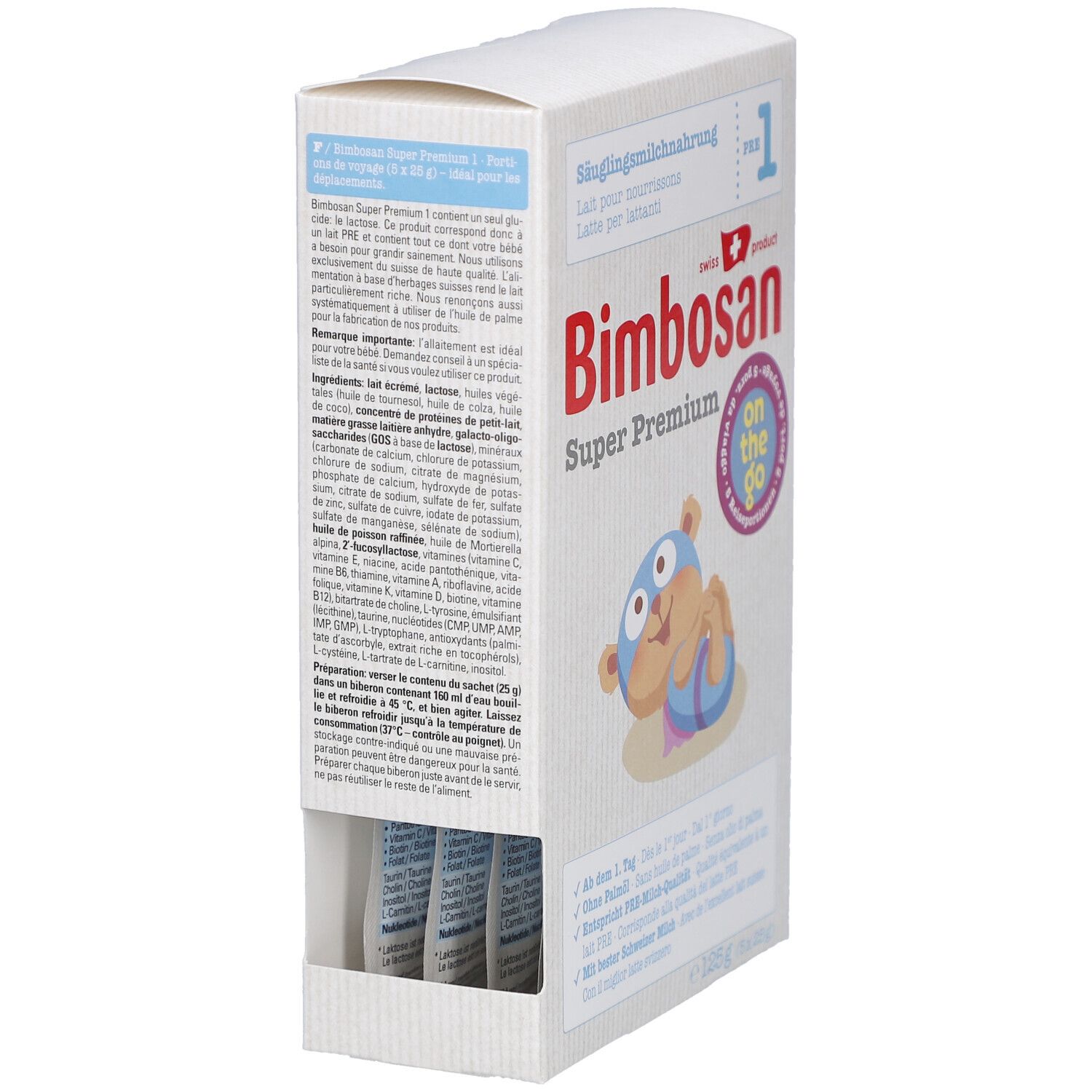 Open verpakking van "Bimbosan Super Premium". Toont individuele porties. Tekst: Zuigelingenmelk. Zwitsers product.