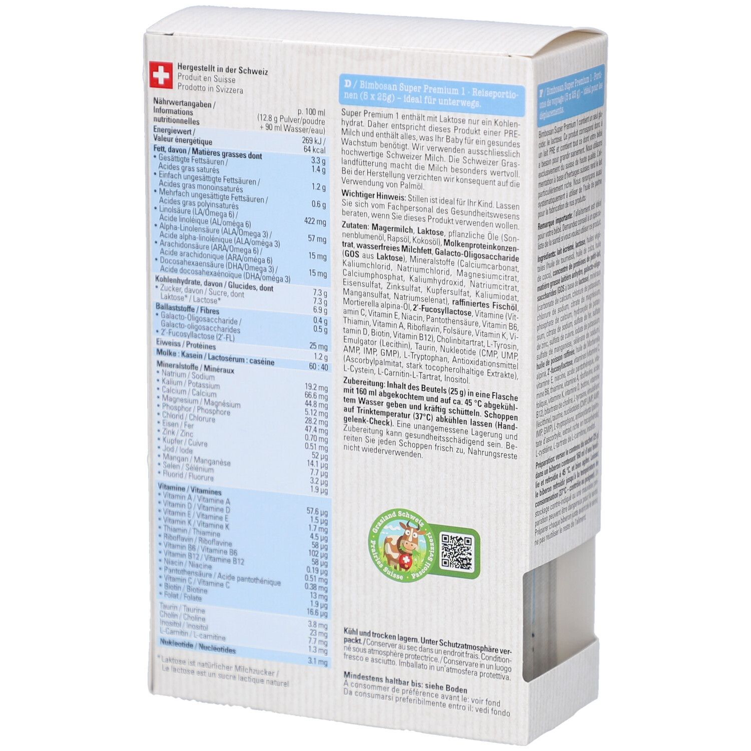 Achterkant van de verpakking van "Bimbosan Super Premium". Bevat voedingsinformatie en ingrediënten. Zwitsers product.