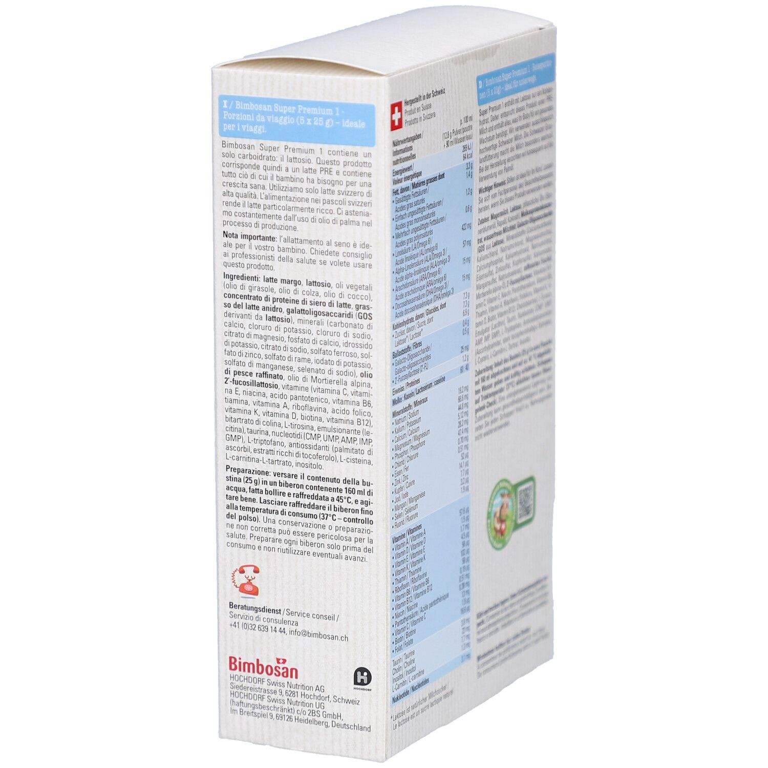 Zijaanzicht van de verpakking van "Bimbosan Super Premium". Bevat tekst en informatie. Zwitsers product.