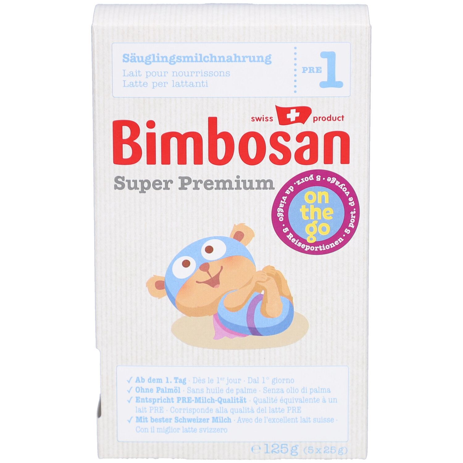 Witte kartonnen verpakking met "Bimbosan Super Premium"-logo. Bevat zuigelingenmelk. Afbeelding van een baby.