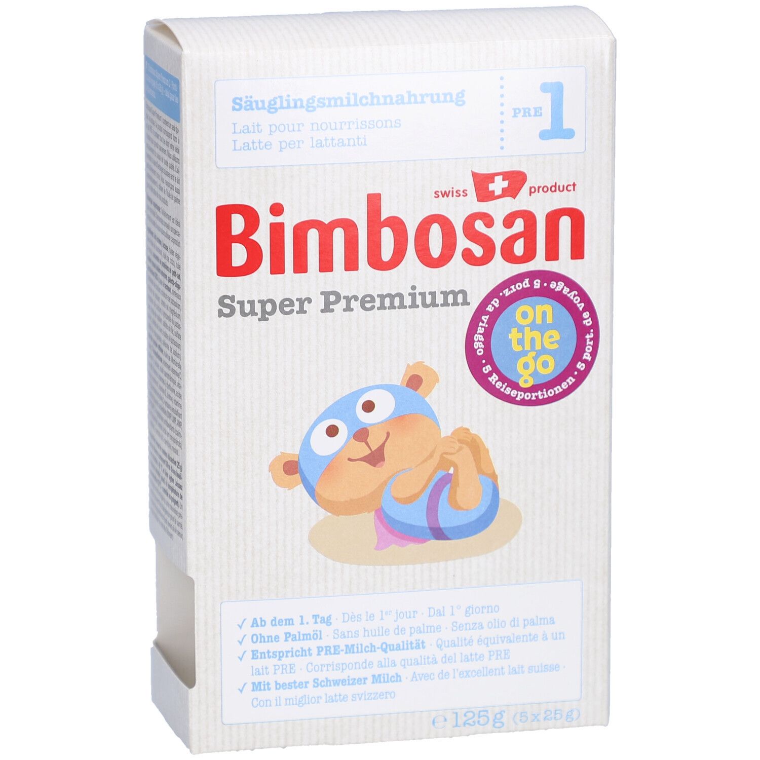 Witte kartonnen verpakking met "Bimbosan Super Premium"-logo. Bevat zuigelingenmelk. Afbeelding van een baby.