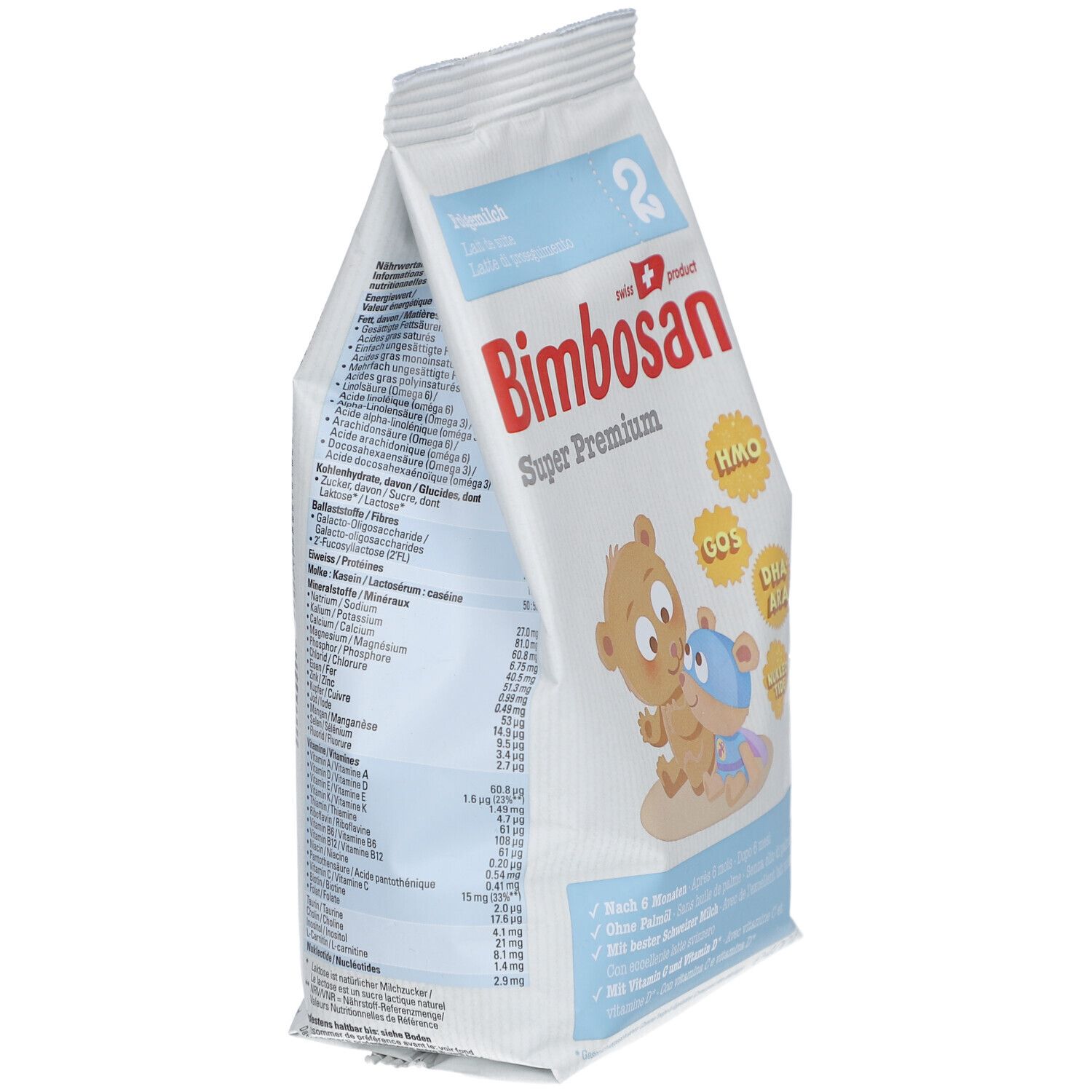 Bimbosan Folgemilch 2 zak, zijaanzicht. Bevat voedingsinformatie en ingrediëntenlijsten. Met HMO, GOS, DHA, ARA.