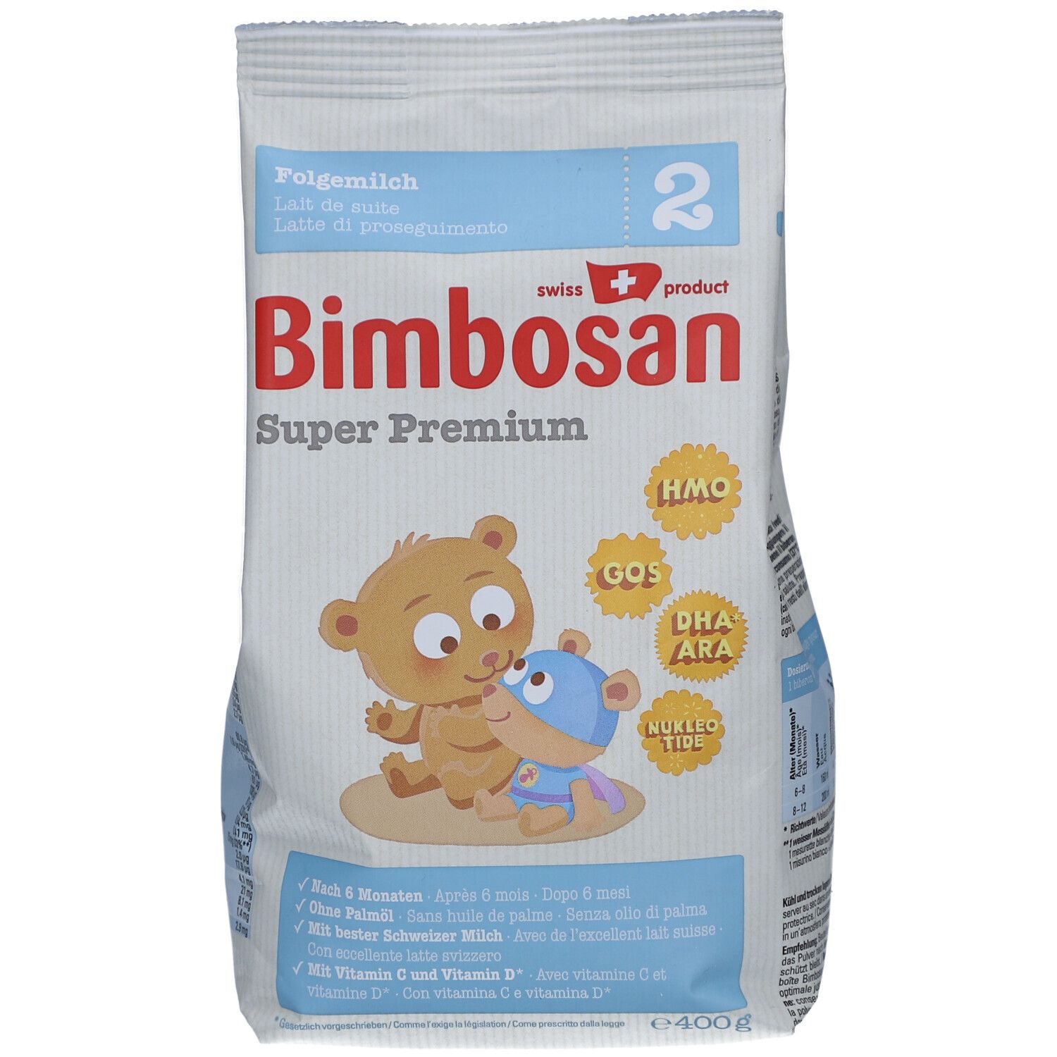 Bimbosan Super Premium Folgemilch 2, zak met berenillustraties. Bevat HMO, GOS, DHA, ARA. 400g.