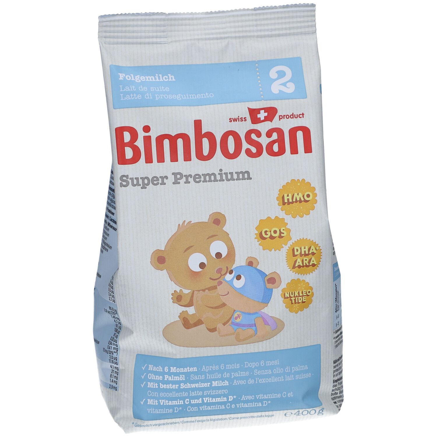 Bimbosan Super Premium Folgemilch 2, zak met berenillustraties. Bevat HMO, GOS, DHA, ARA. 400g.