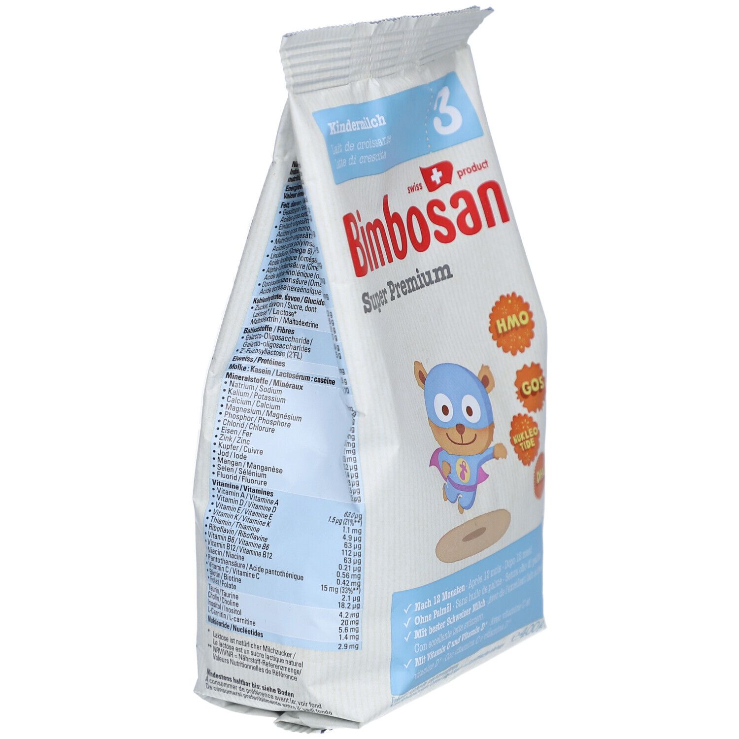 Bimbosan Super Premium 3 Kindermilch Nachfüllpack. Vue latérale du sachet avec informations produit et valeurs nutritionnelles.