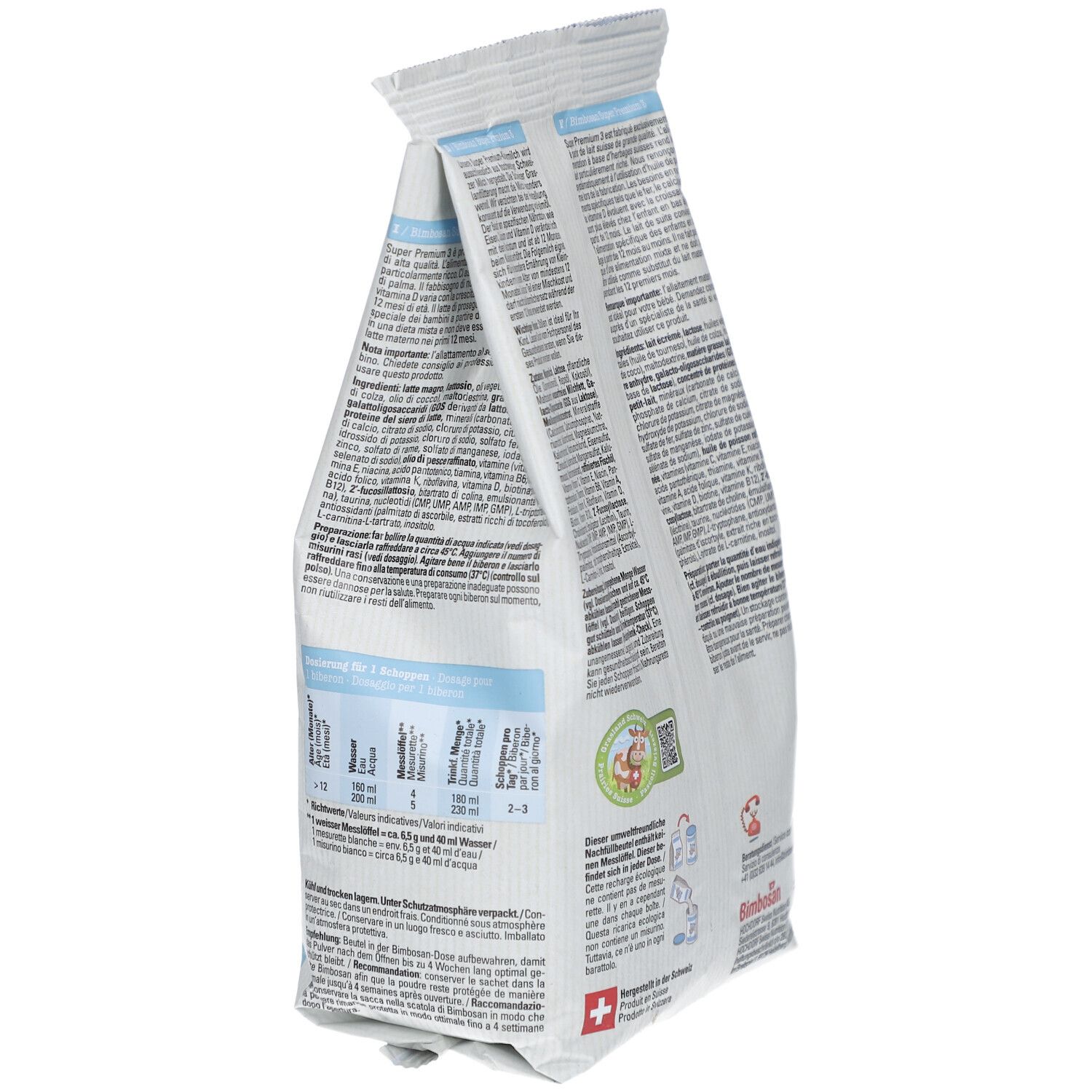 Bimbosan Super Premium 3 Kindermilch Nachfüllpack. Vue latérale oblique du sachet avec texte et instructions de préparation.