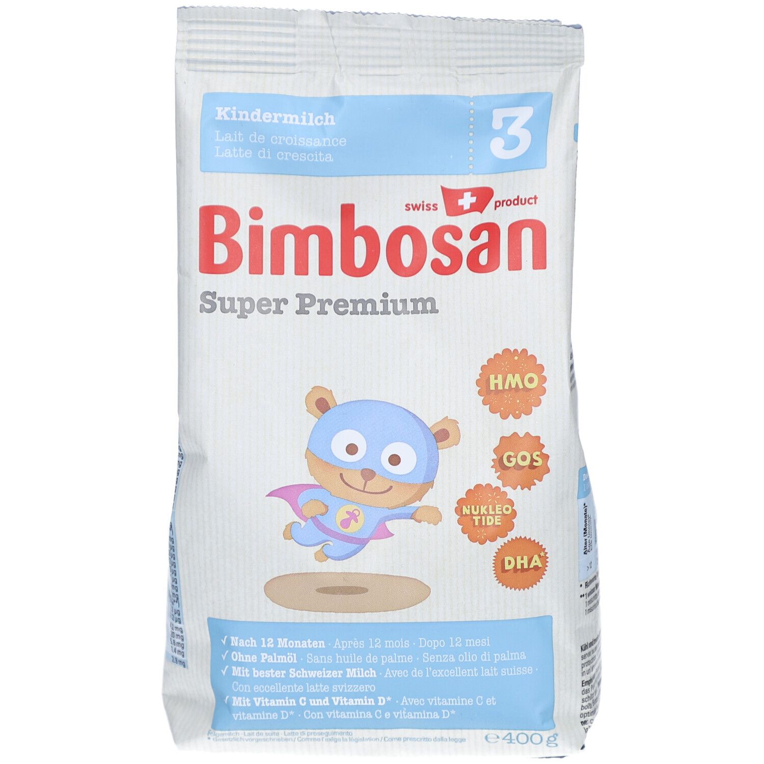 Bimbosan Super Premium 3 Kindermilch Nachfüllpack. Vue de face du sachet avec nom du produit, illustration et logos.