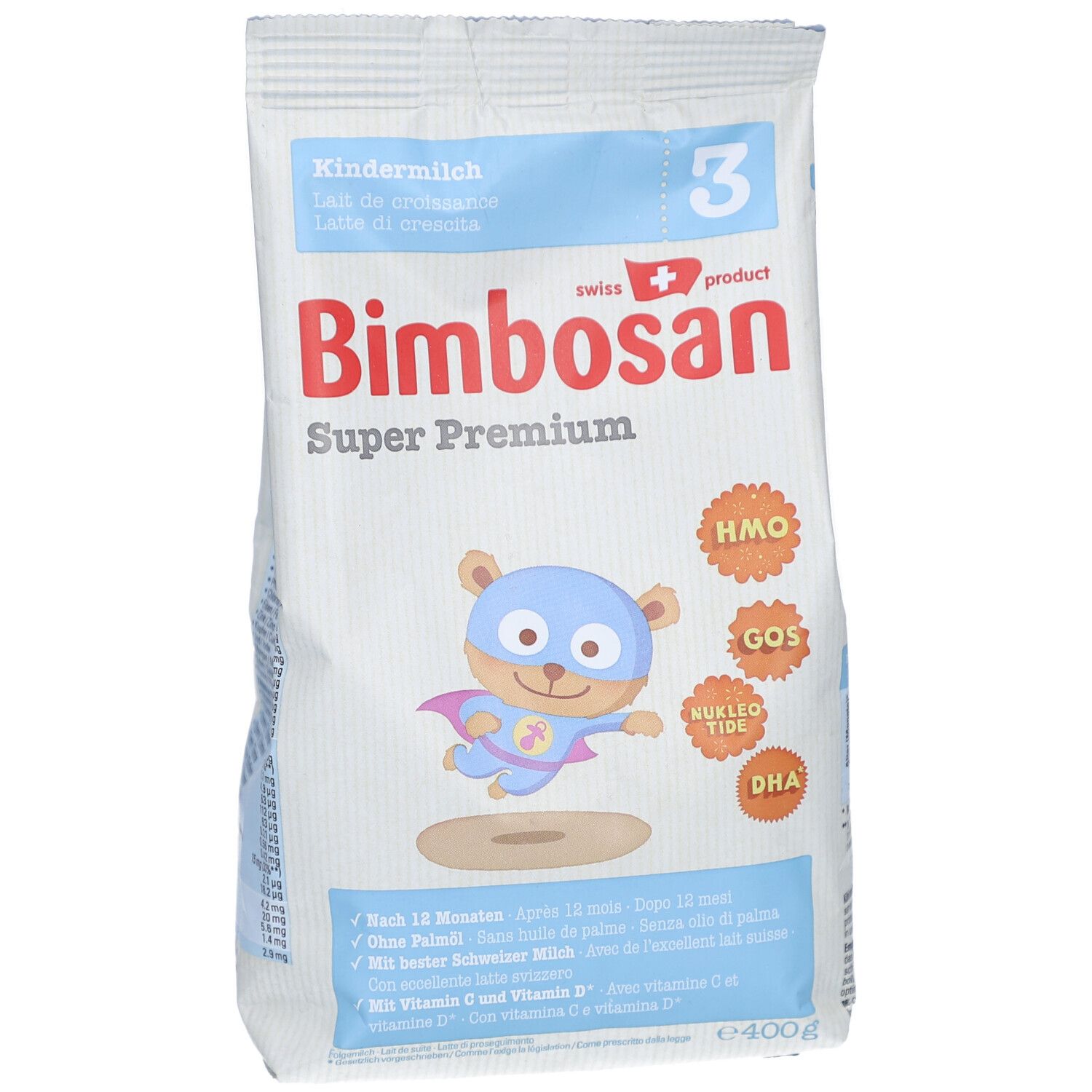Bimbosan Super Premium 3 Kindermilch Nachfüllpack. Vue de face du sachet avec nom du produit, illustration et logos.