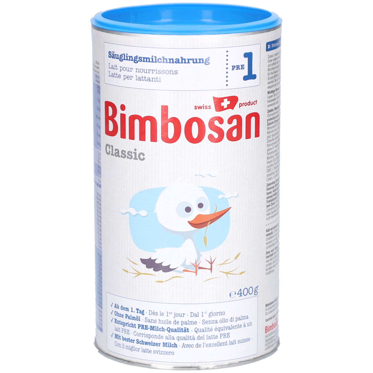 Babyvoeding in blik. Opschrift: Bimbosan Classic, PRE 1, DHA. Afbeelding van een ooievaar.