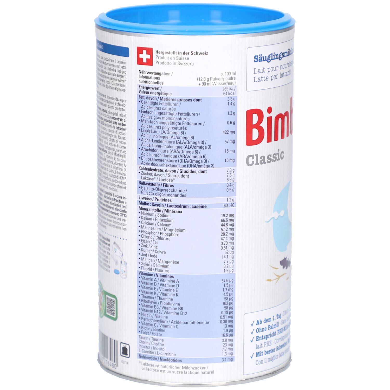 Achterkant van de babyvoeding blik. Bevat voedingswaarde-informatie en ingrediëntenlijst. Blauwe blik.