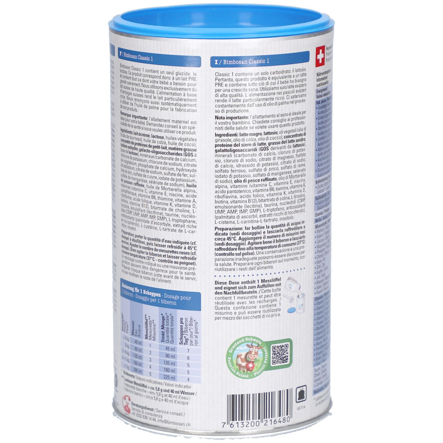 Zijkant van de babyvoeding blik. Bevat bereidingsinstructies en voedingswaarde-informatie. Blauwe blik.