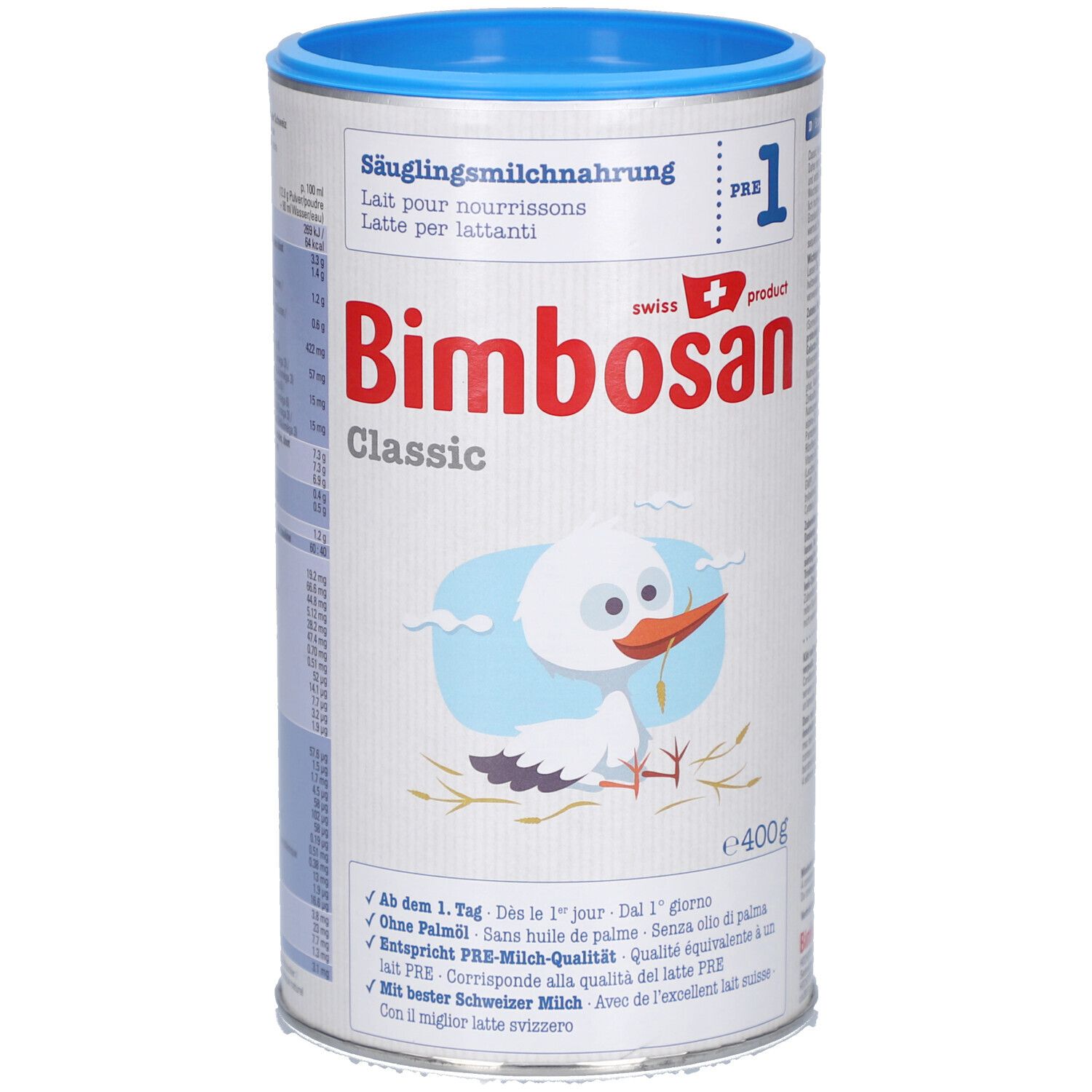 Babyvoeding in blik. Opschrift: Bimbosan Classic, PRE 1, DHA. Afbeelding van een ooievaar.