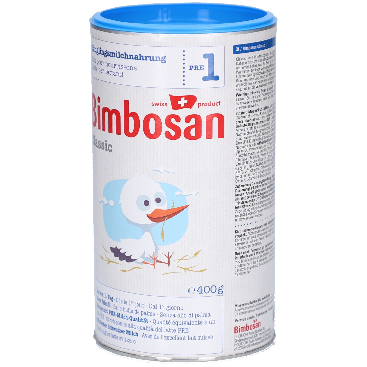 Babyvoeding in blik. Opschrift: Bimbosan Classic, PRE 1, DHA. Afbeelding van een ooievaar.
