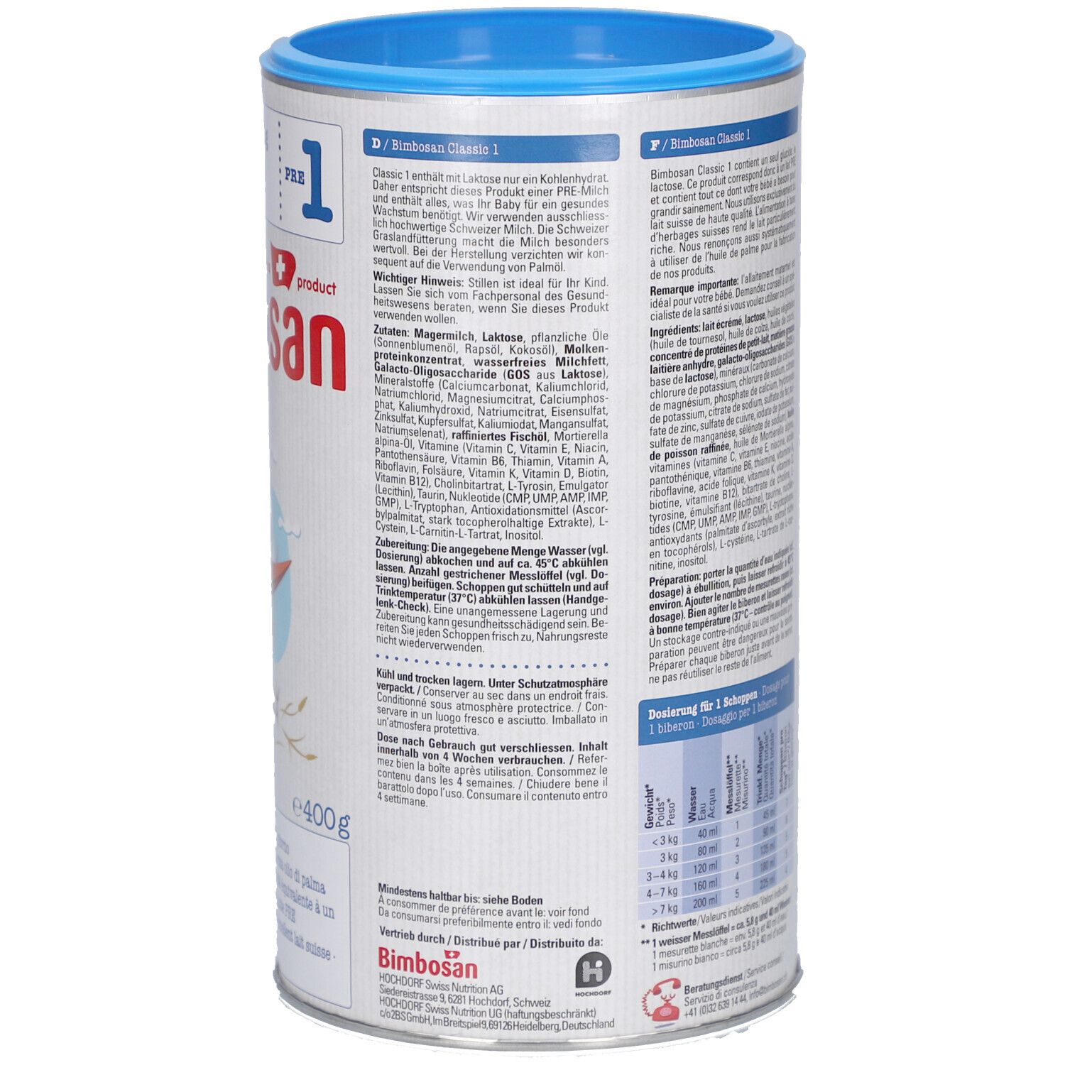 Zijkant van de babyvoeding blik. Bevat bereidingsinstructies en voedingswaarde-informatie. Blauwe blik.