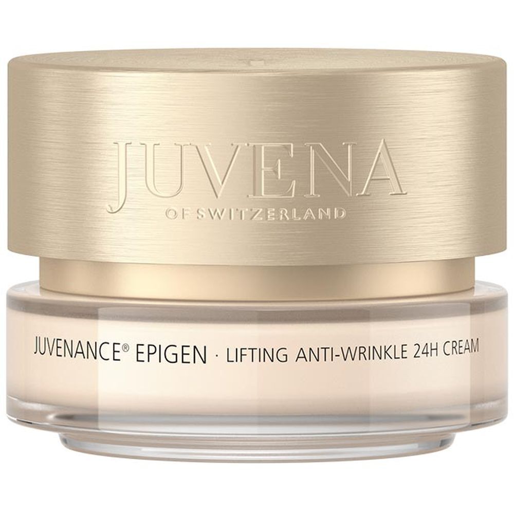 Pot de crème avec couvercle doré. Inscription : Juvena of Switzerland. Nom du produit : Juvenance Epigen Lifting Anti-Wrinkle 24h Cream.