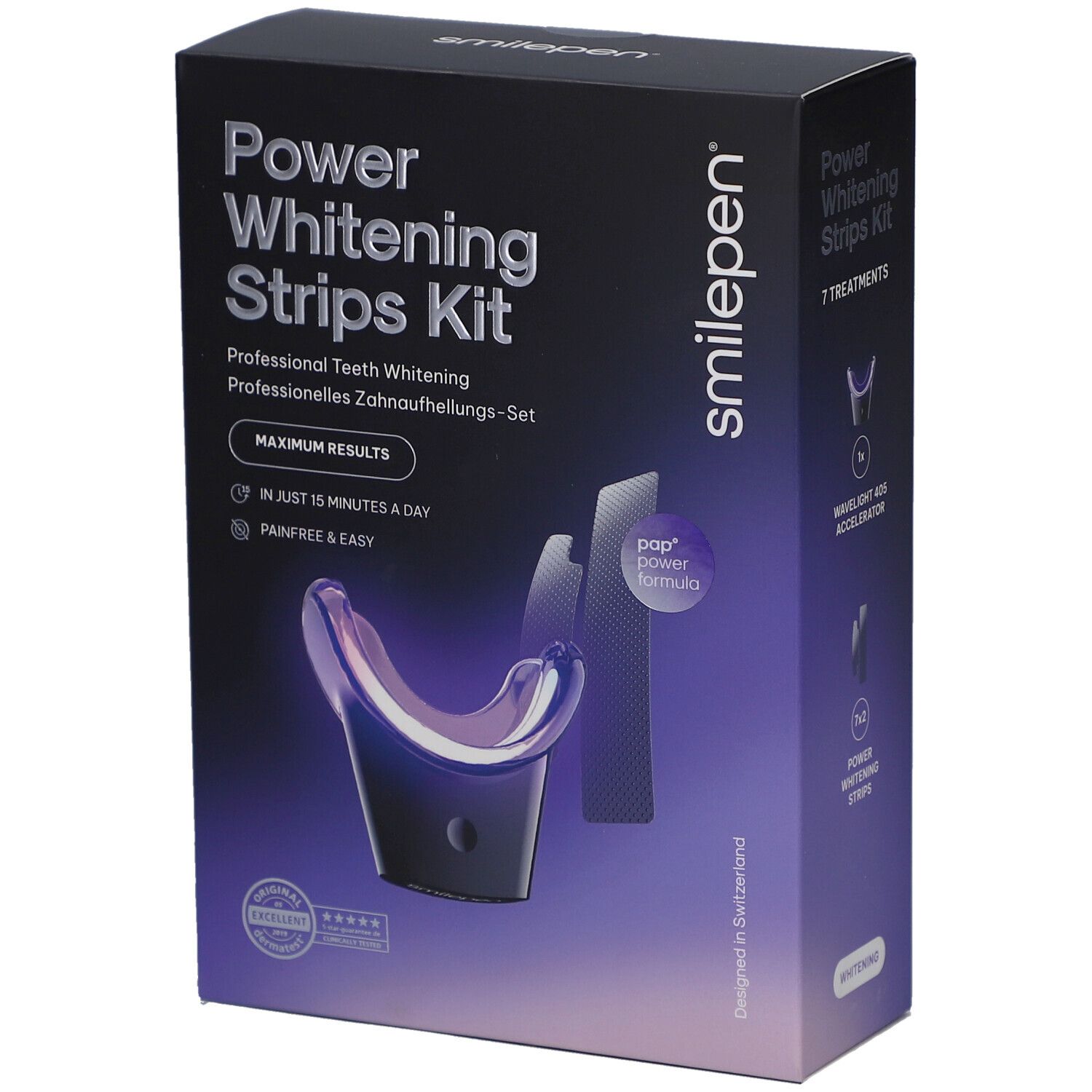 Boîte noire "Power Whitening Strips Kit". Contient des bandes et un accélérateur. Marque: smilepen.