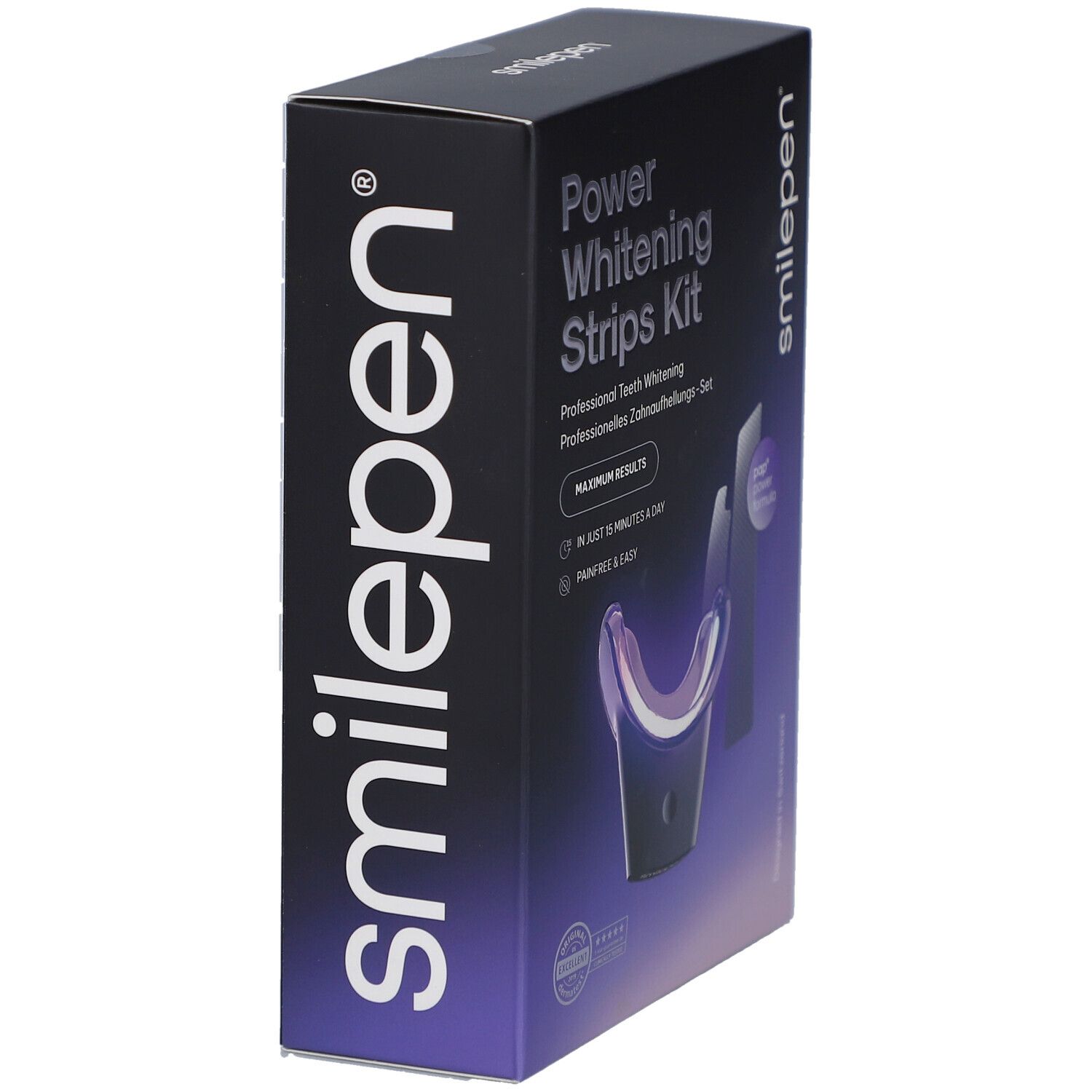 Emballage "Power Whitening Strips Kit". Contient des bandes et un accélérateur. Texte en anglais, allemand, français, italien.