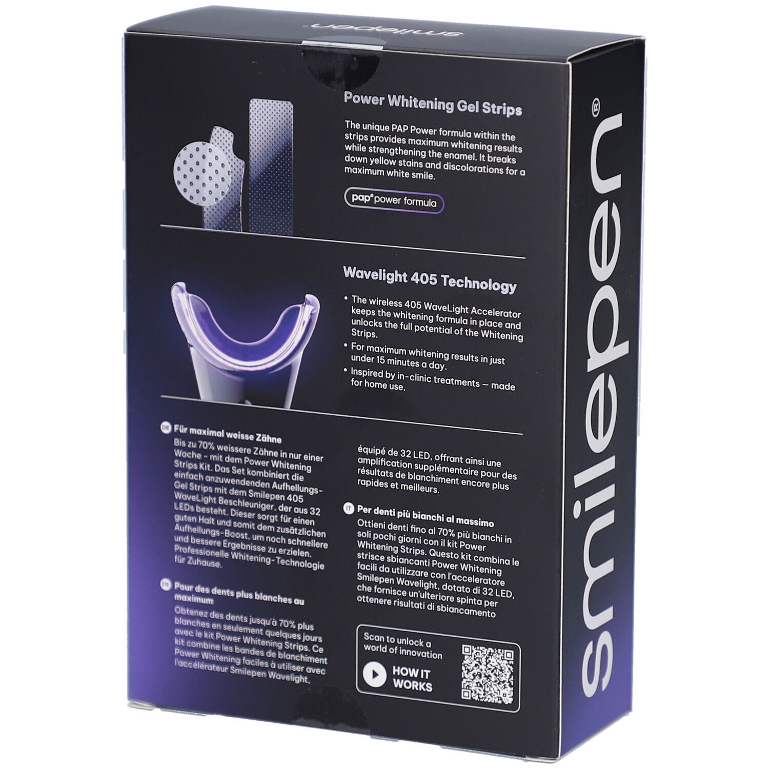Emballage blanc "Power Whitening Strips Kit". Contient accélérateur et bandes. Ingrédients et logos.