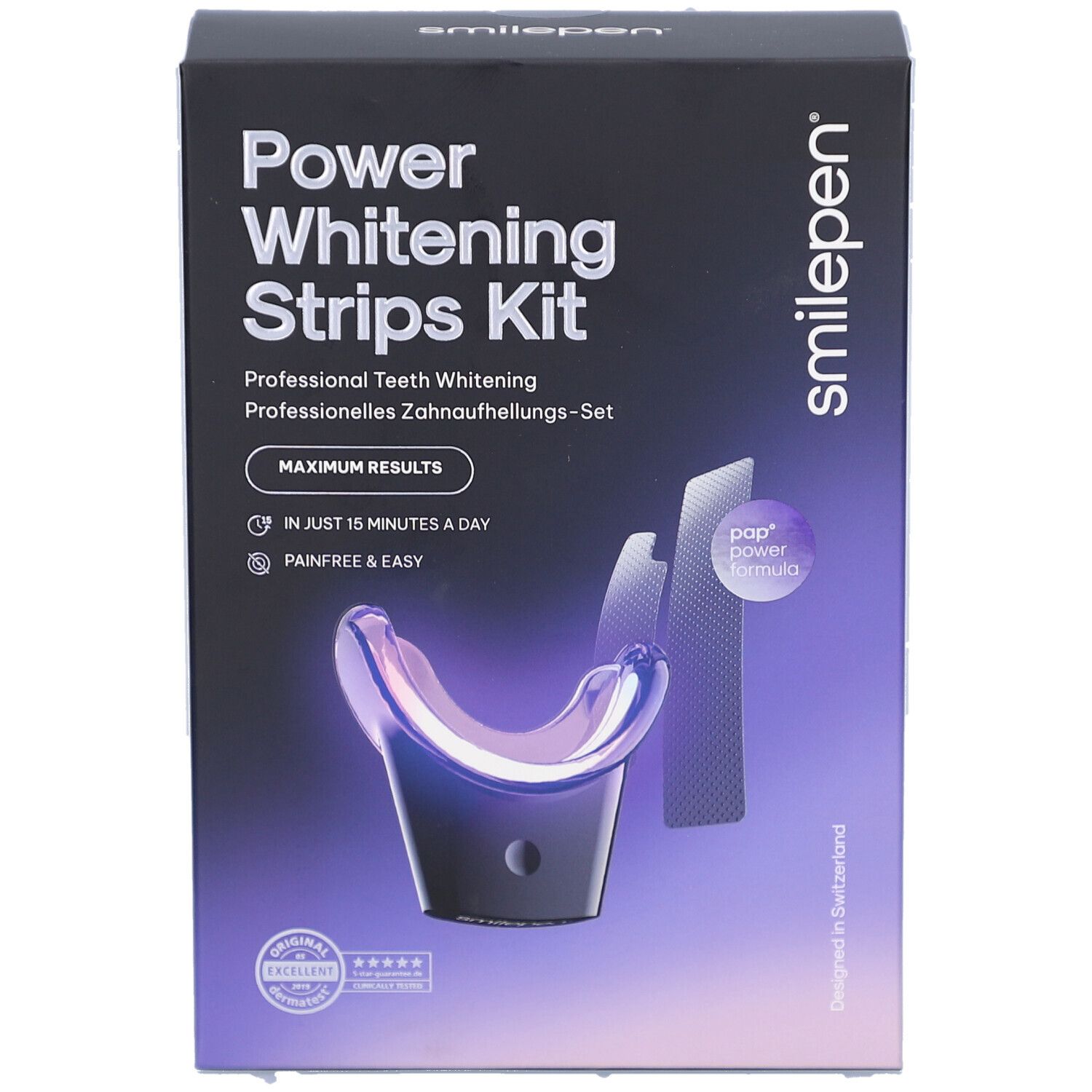 Boîte noire "Power Whitening Strips Kit". Contient des bandes et un accélérateur. Marque: smilepen.