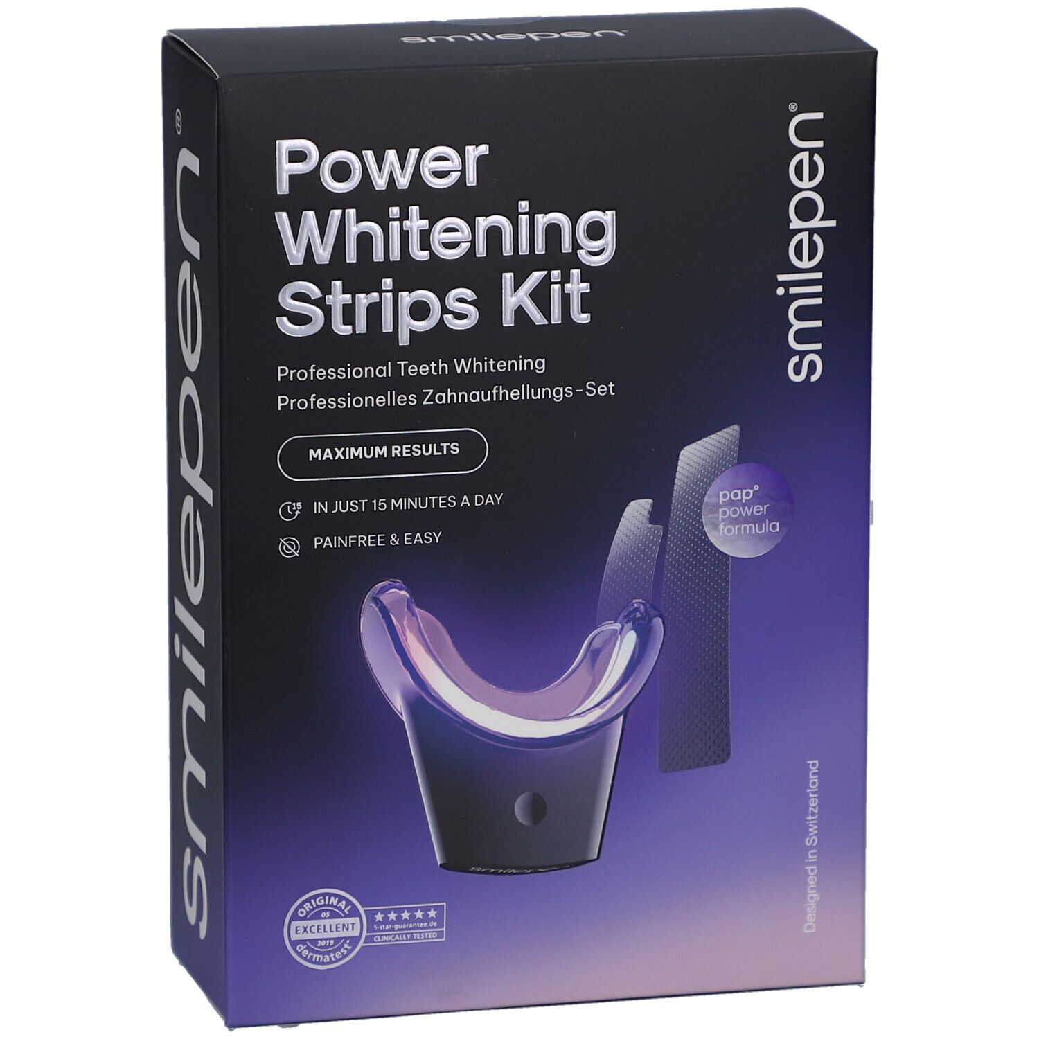Boîte noire "Power Whitening Strips Kit". Contient des bandes et un accélérateur. Marque: smilepen.