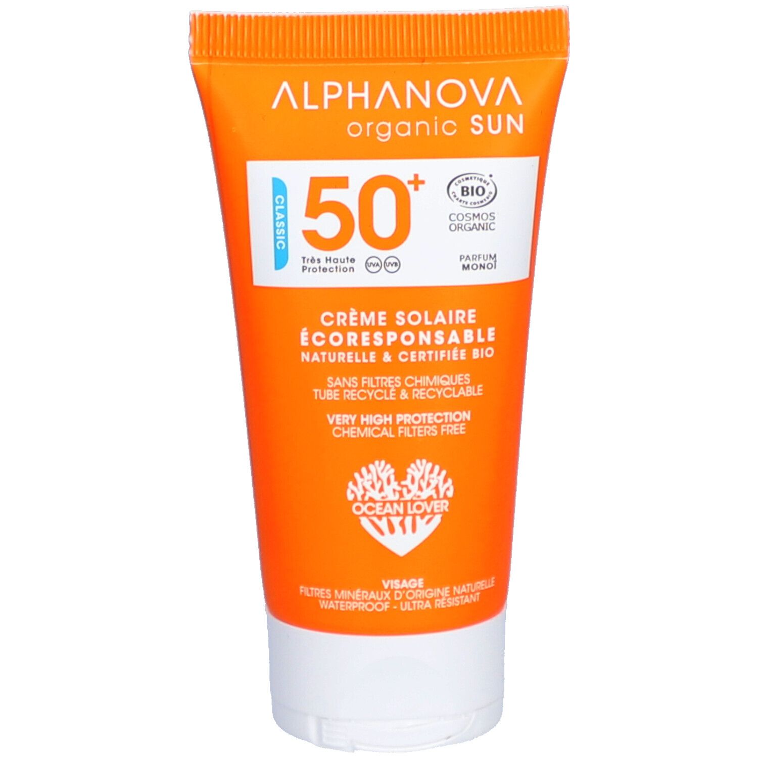Oranje tube zonnecrème. Opschrift: ALPHANOVA organic SUN, SPF 50+, BIO, Crème Solaire. Witte dop.