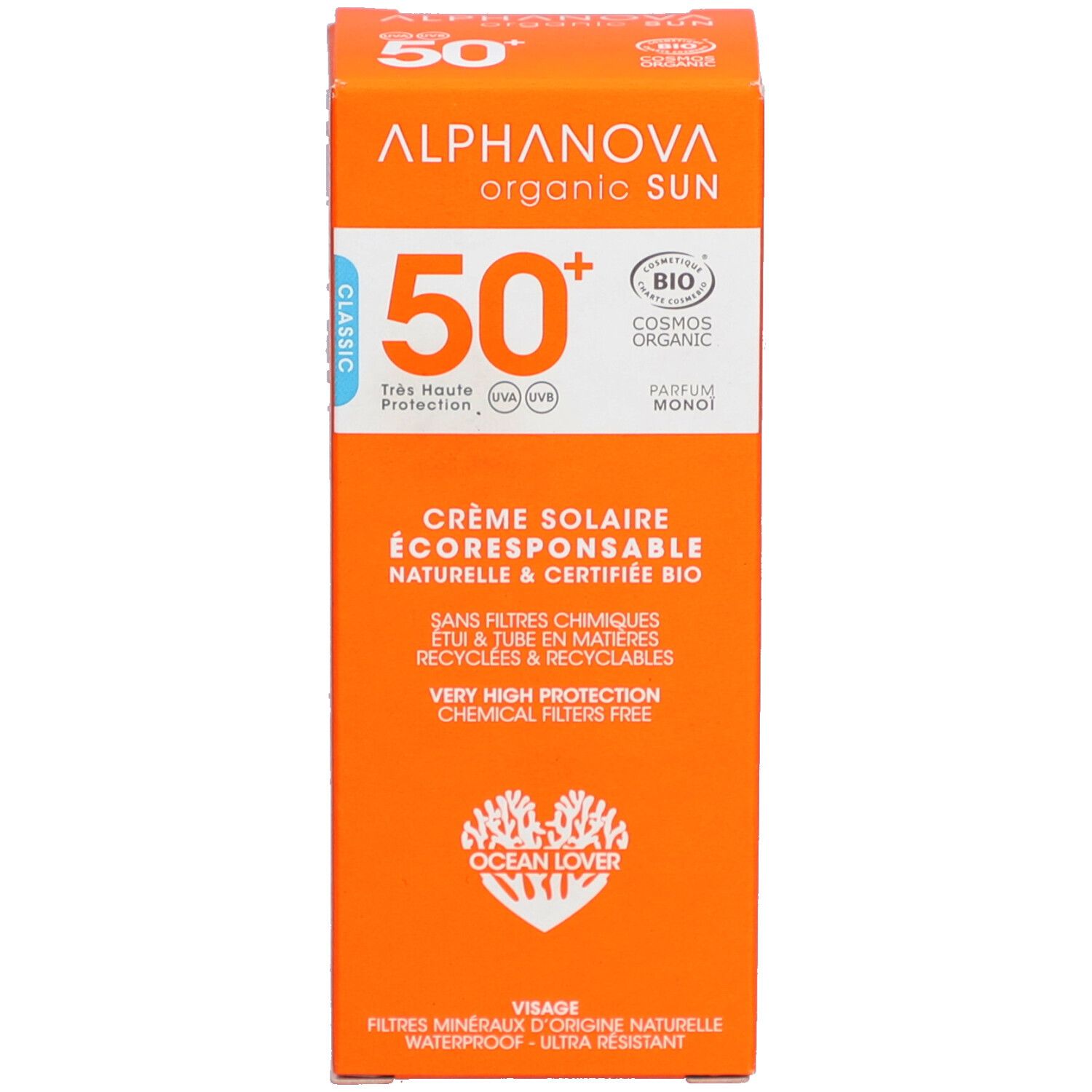 Oranje doos zonnecrème. Opschrift: ALPHANOVA organic SUN, SPF 50+, BIO, Crème Solaire. Witte tekst.