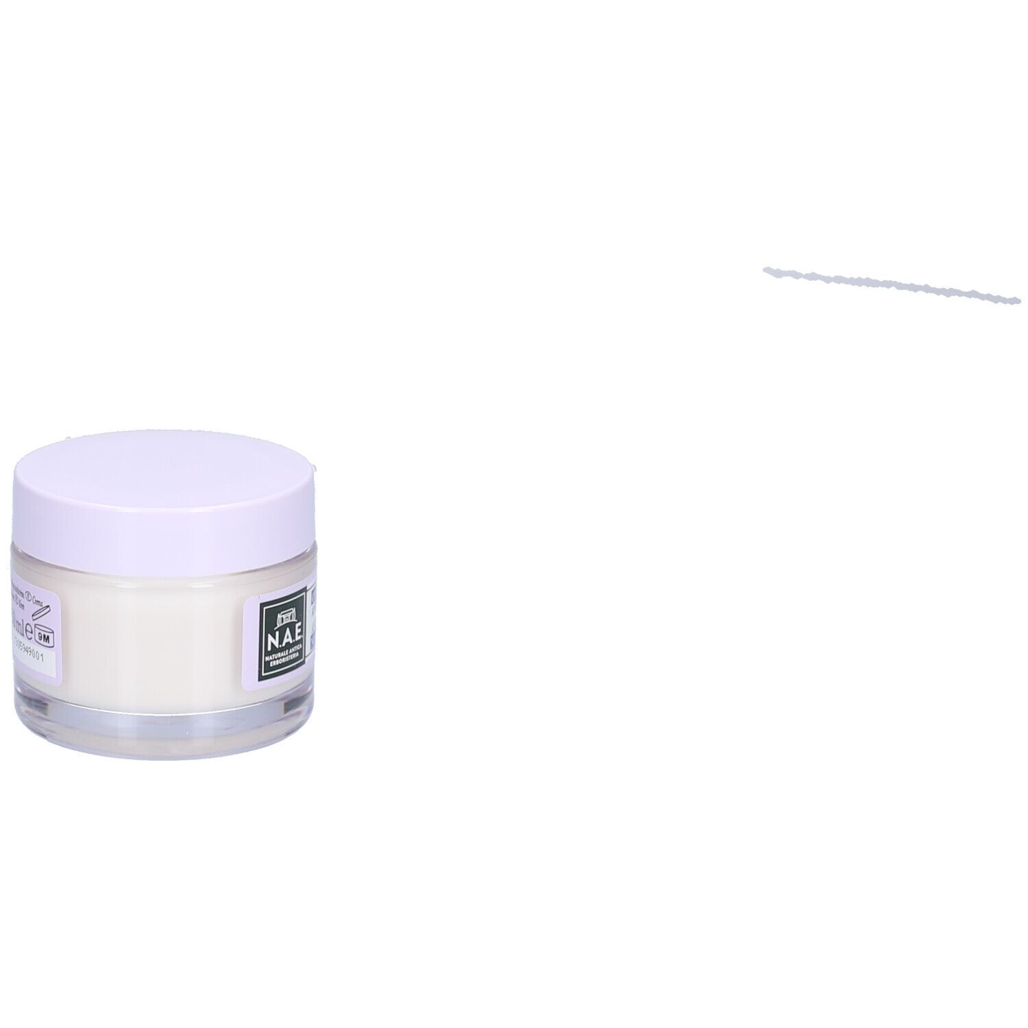 Pot de crème avec couvercle blanc et lila. Logo et texte sur l'étiquette.