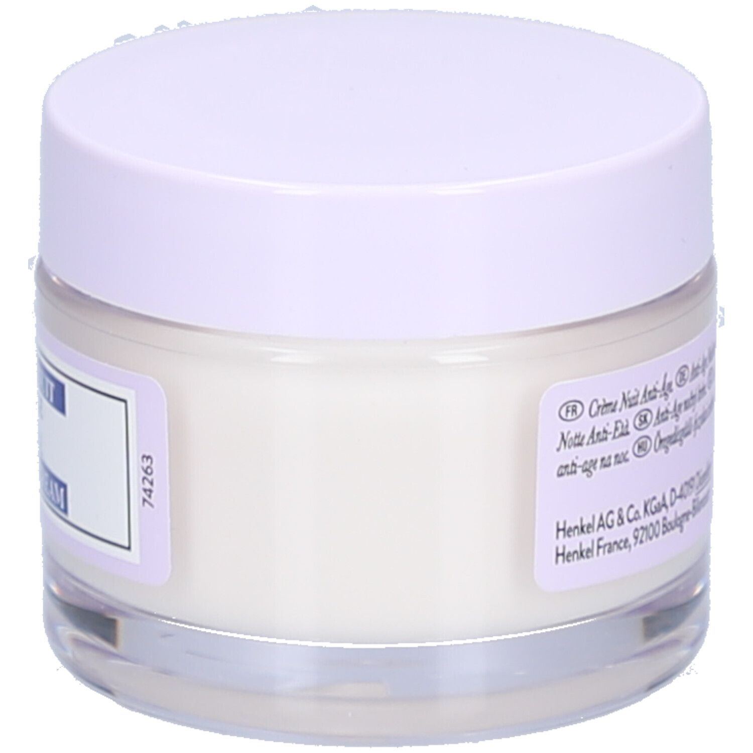 Pot de crème avec couvercle lilas. Étiquette avec texte: Crème Nuit Anti-Âge. Informations fabricant.