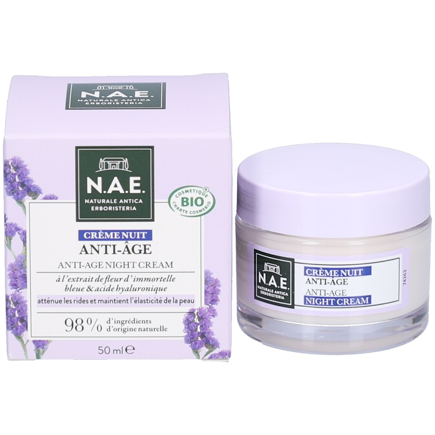 Pot de crème et boîte. Sur la boîte et le pot: Crème Nuit Anti-Âge Night Cream. Certification bio.