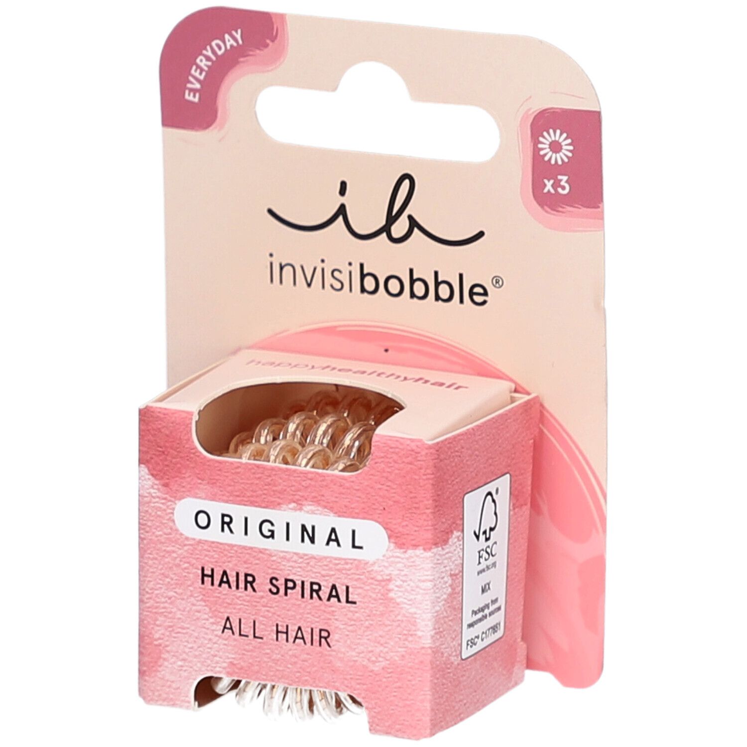 Verpakking met 3 spiraalvormige haarbanden. Merk: invisibobble. Tekst: Original Hair Spiral.