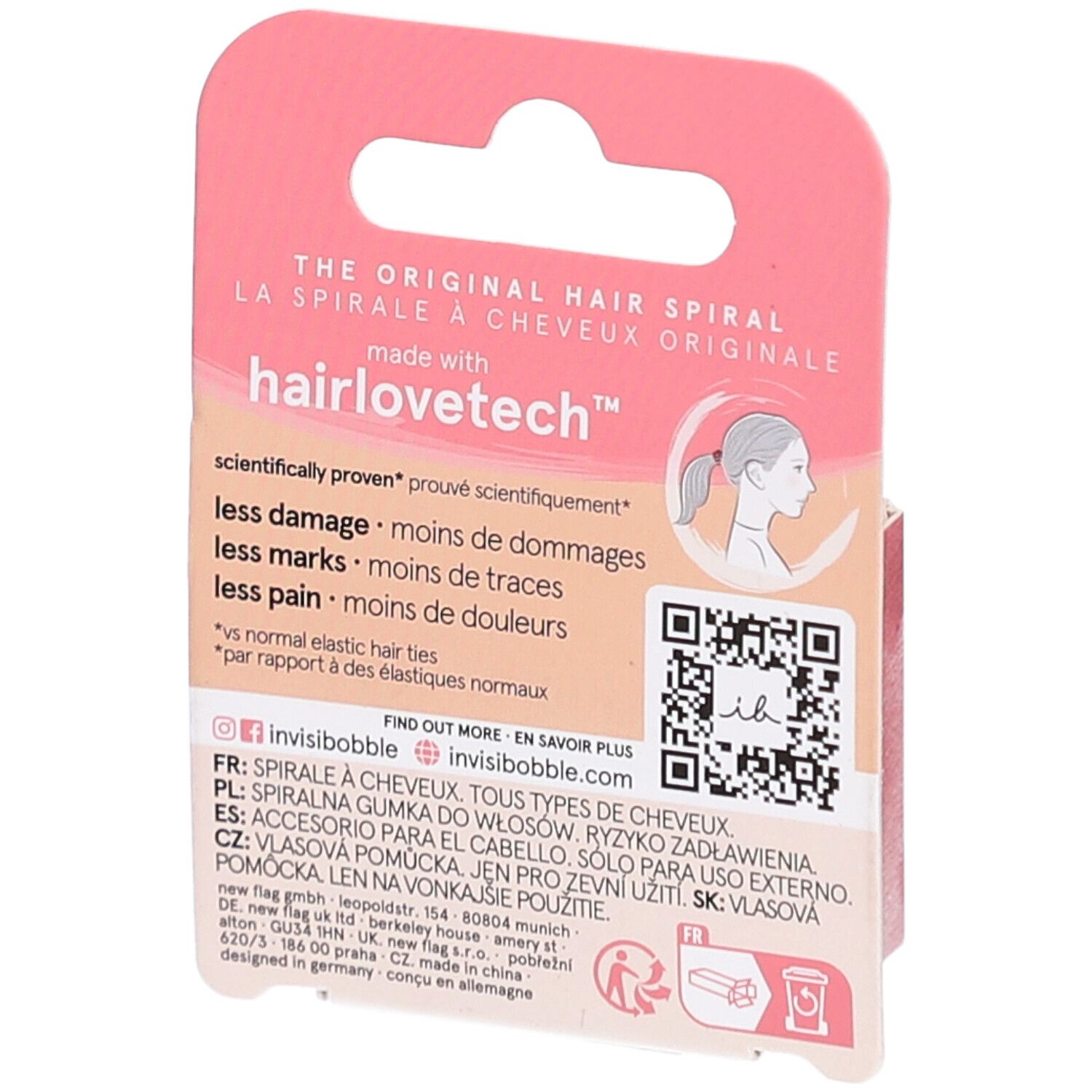 Achterkant van de verpakking. Tekst: The Original Hair Spiral. Informatie over hairlovetech. QR-code.