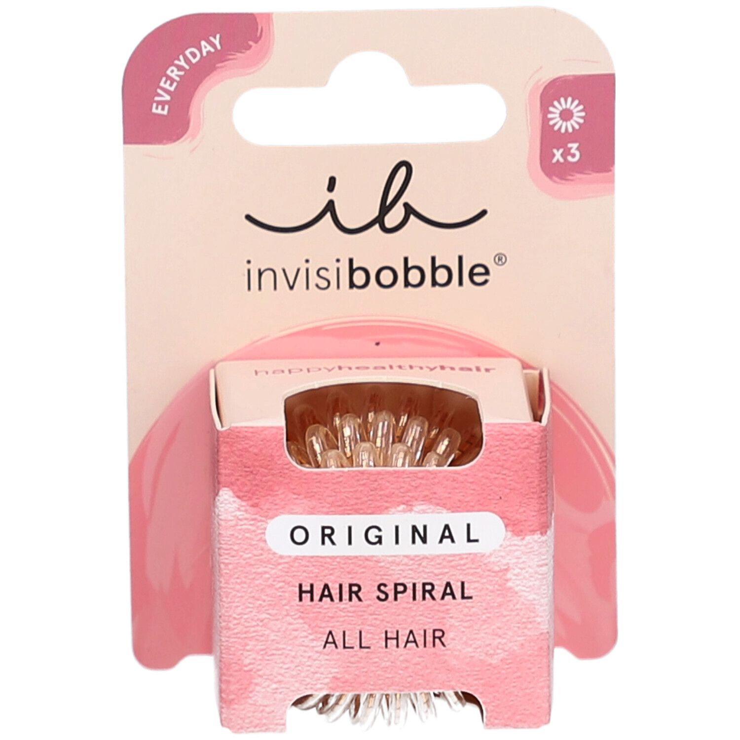 Verpakking met 3 spiraalvormige haarbanden. Merk: invisibobble. Tekst: Original Hair Spiral.
