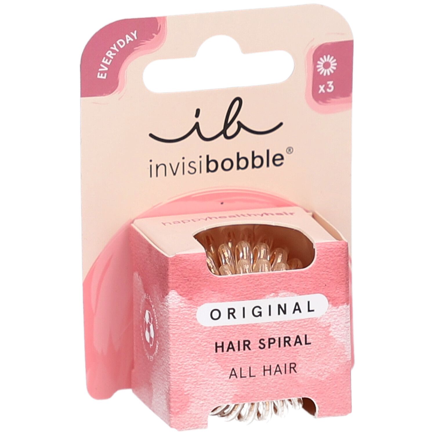 Verpakking met 3 spiraalvormige haarbanden. Merk: invisibobble. Tekst: Original Hair Spiral.
