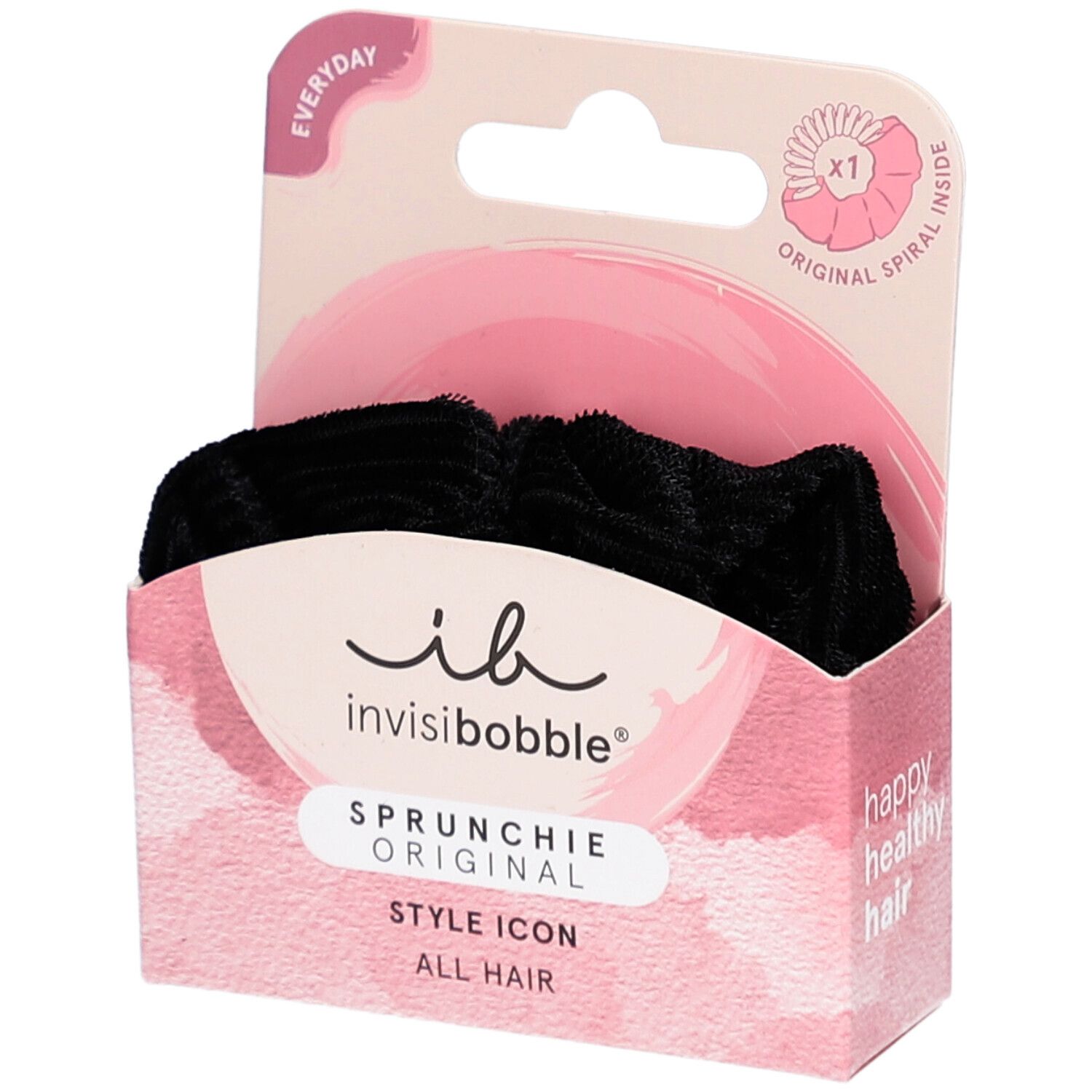 Zwarte INVISIBOBBLE Sprunchie in verpakking. Roze doos met productnaam en logo. "Original Spiral Inside".