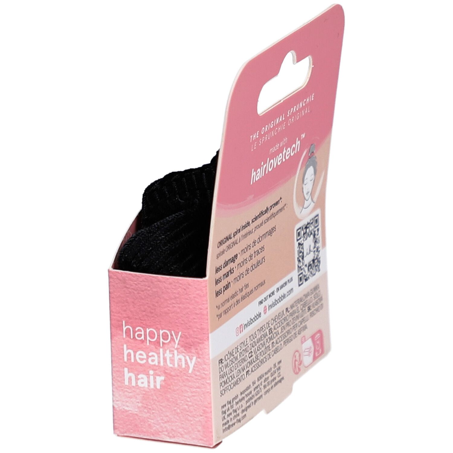 Geopende INVISIBOBBLE verpakking. Achterkant met tekst "hairlovetech". Roze doos met logo en productnaam.